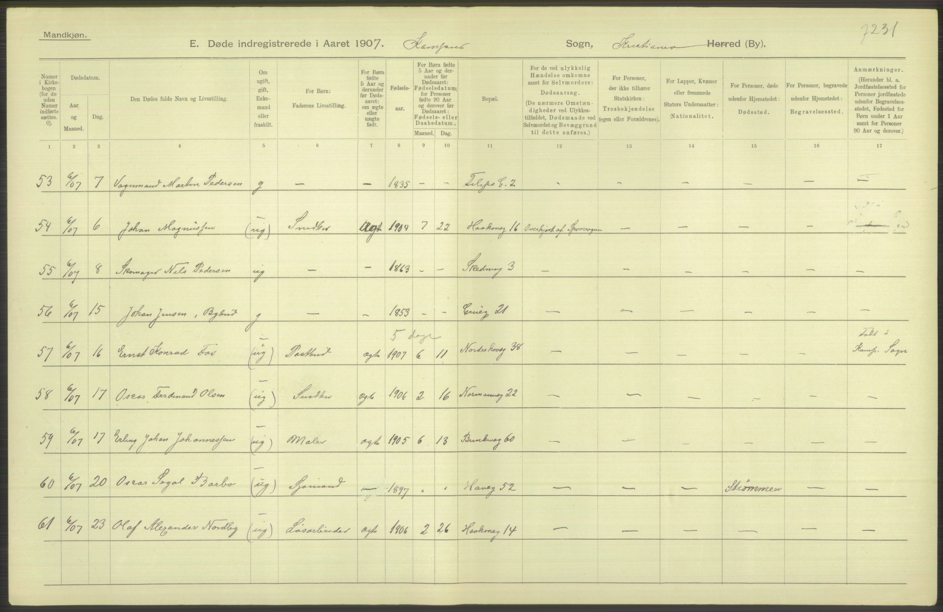 Statistisk sentralbyrå, Sosiodemografiske emner, Befolkning, AV/RA-S-2228/D/Df/Dfa/Dfae/L0010: Kristiania: Døde, dødfødte, 1907, s. 388