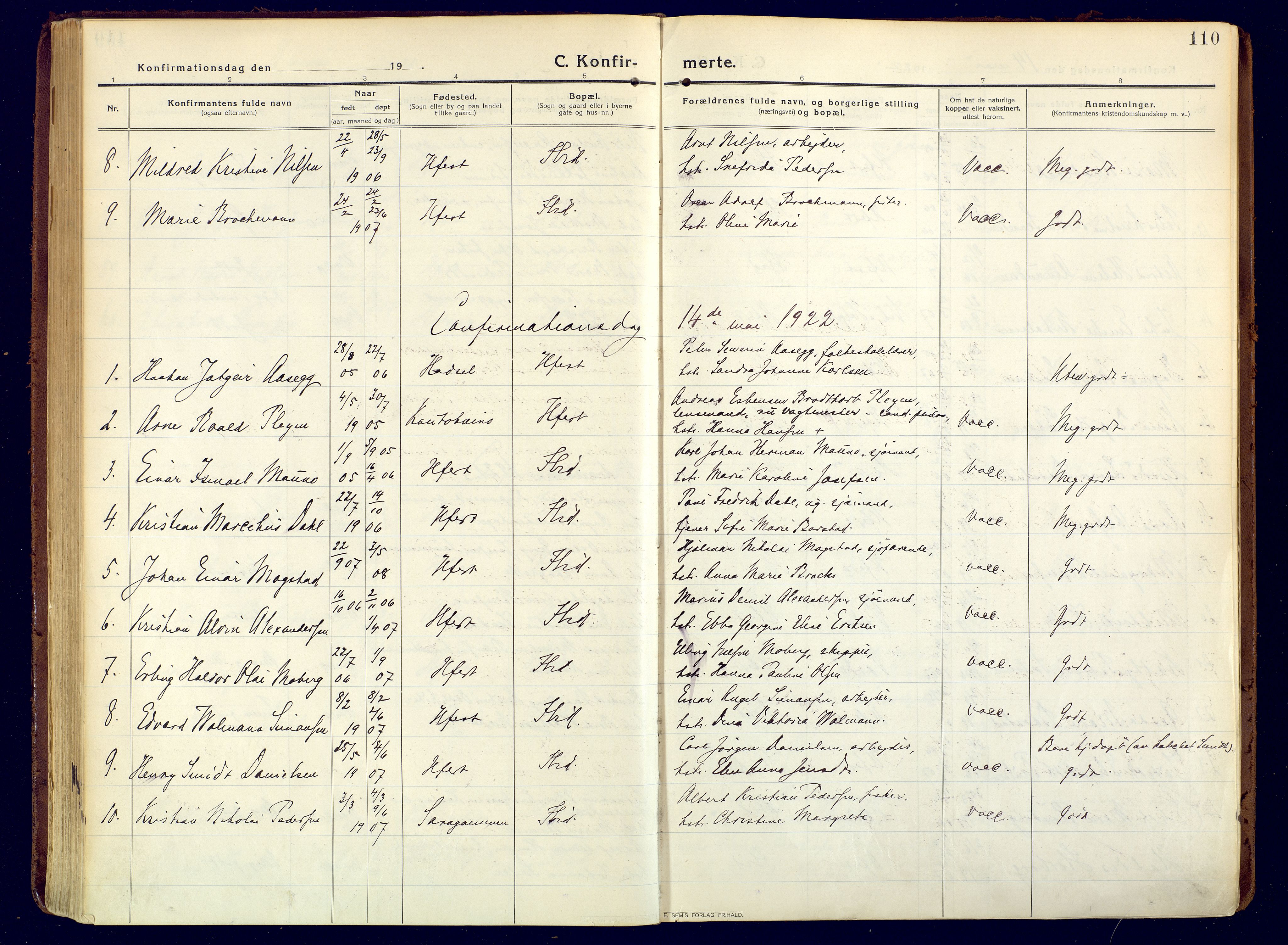 Hammerfest sokneprestkontor, SATØ/S-1347/H/Ha/L0015.kirke: Ministerialbok nr. 15, 1916-1923, s. 110
