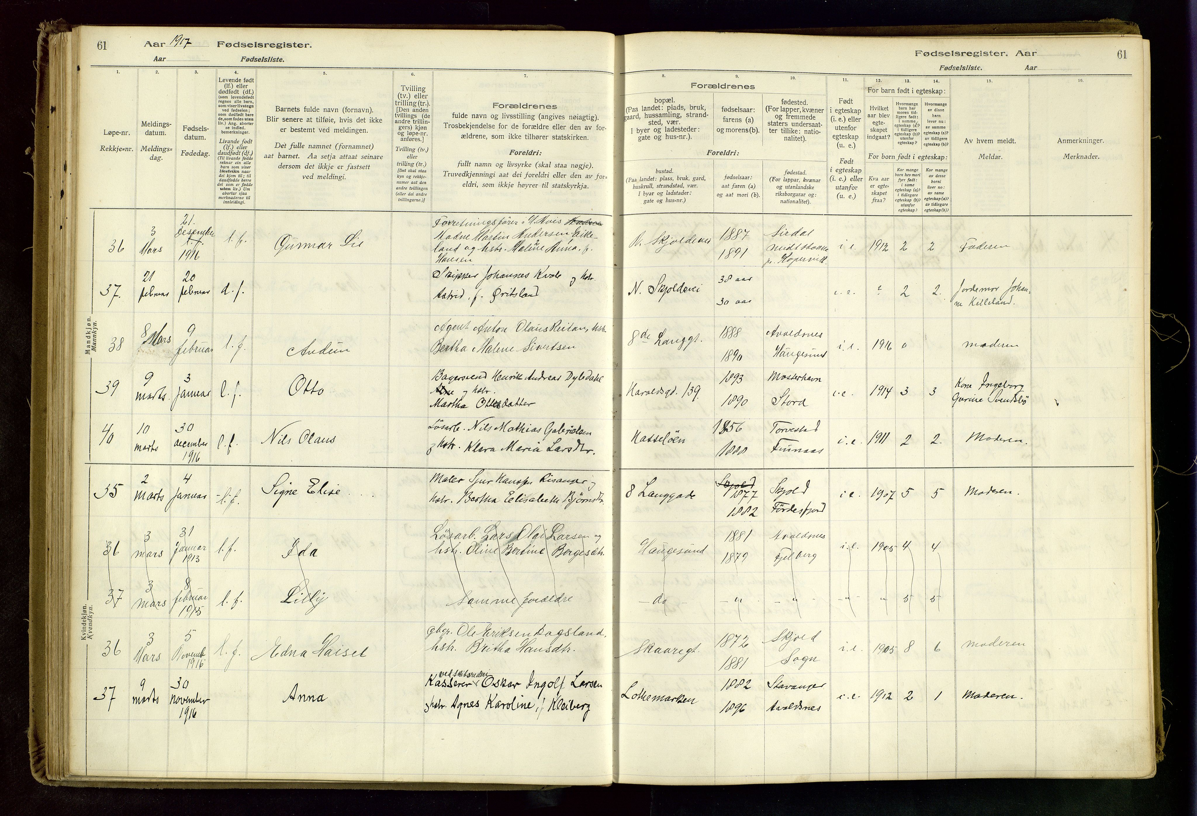 Haugesund sokneprestkontor, AV/SAST-A -101863/I/Id/L0003: Fødselsregister nr. 1, 1916-1919, s. 61