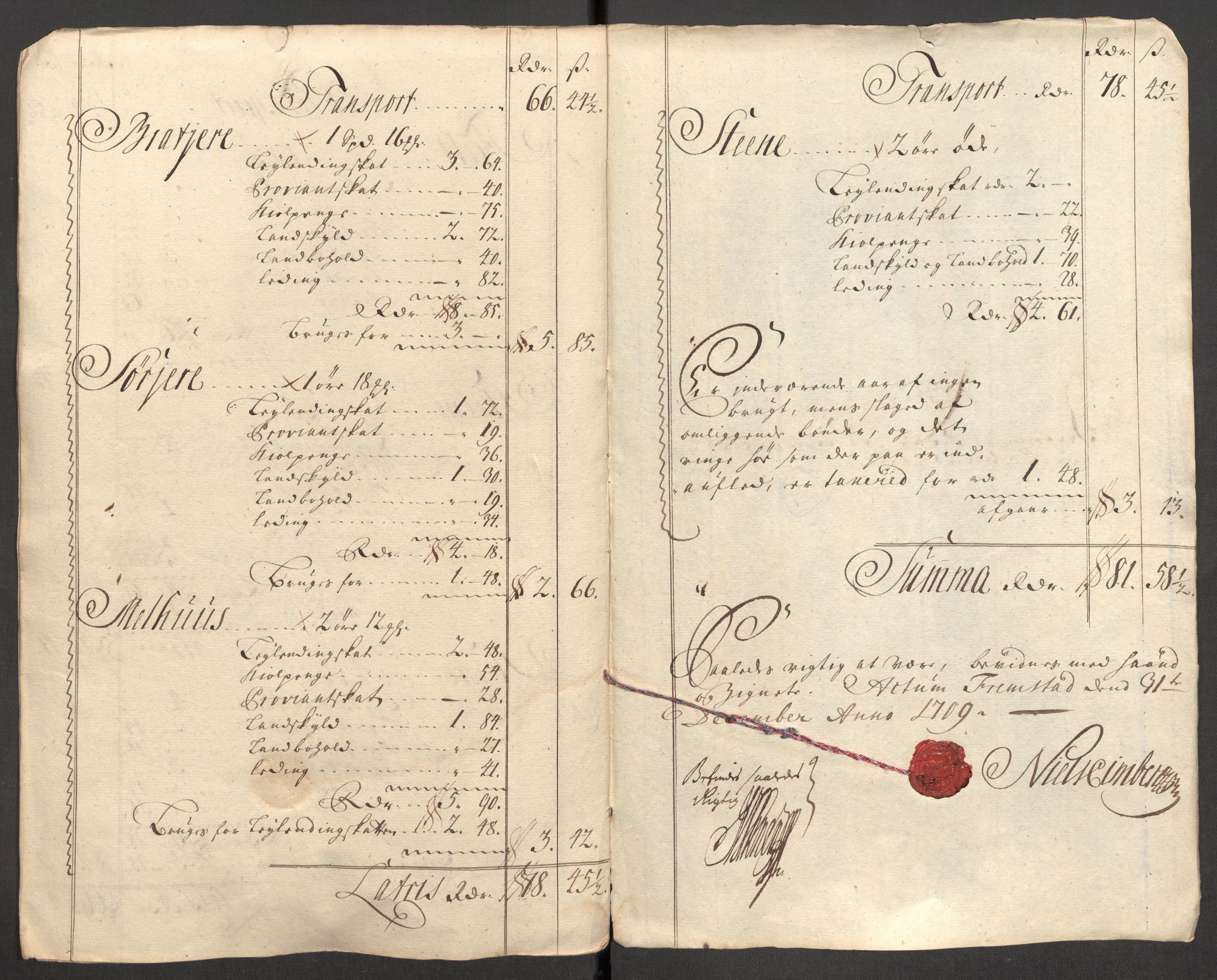 Rentekammeret inntil 1814, Reviderte regnskaper, Fogderegnskap, RA/EA-4092/R57/L3858: Fogderegnskap Fosen, 1708-1709, s. 380