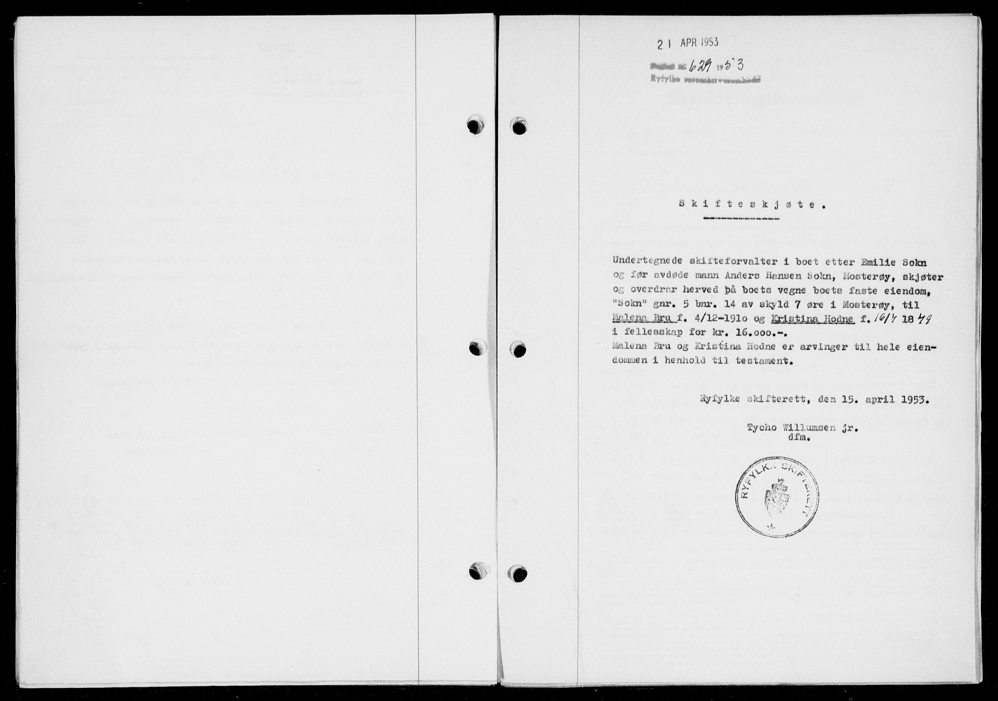 Ryfylke tingrett, SAST/A-100055/001/II/IIB/L0120: Pantebok nr. 99, 1952-1953, Dagboknr: 629/1953