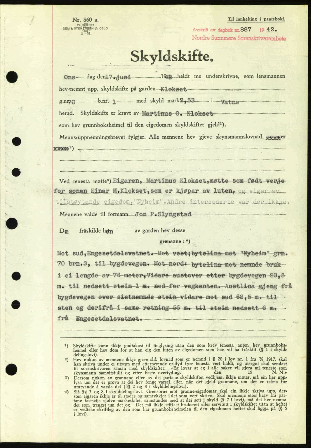 Nordre Sunnmøre sorenskriveri, SAT/A-0006/1/2/2C/2Ca: Pantebok nr. A13, 1942-1942, Dagboknr: 887/1942