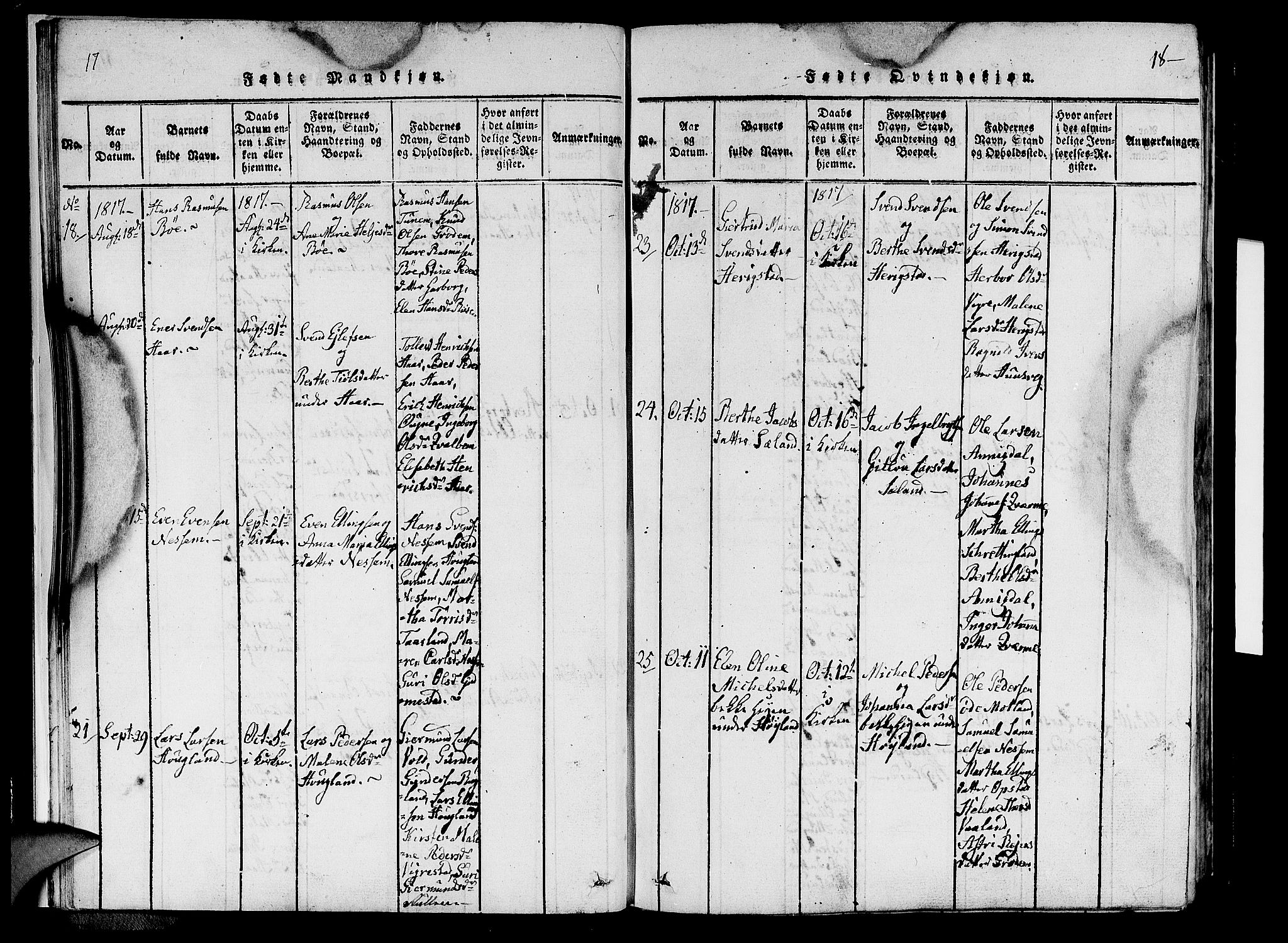 Hå sokneprestkontor, AV/SAST-A-101801/001/30BA/L0003: Ministerialbok nr. A 3, 1815-1825, s. 17-18