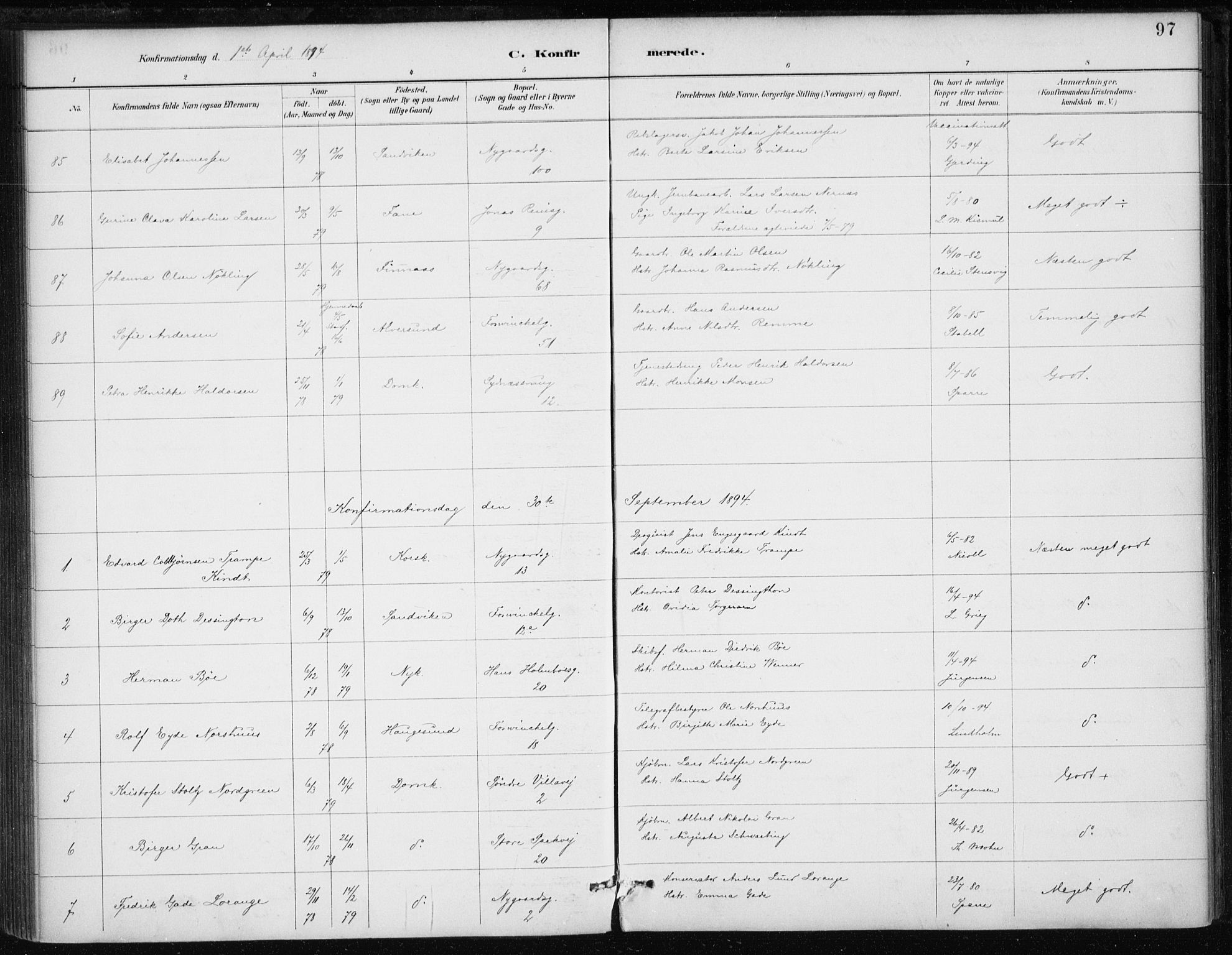 Johanneskirken sokneprestembete, AV/SAB-A-76001/H/Haa/L0008: Ministerialbok nr. C 1, 1885-1907, s. 97