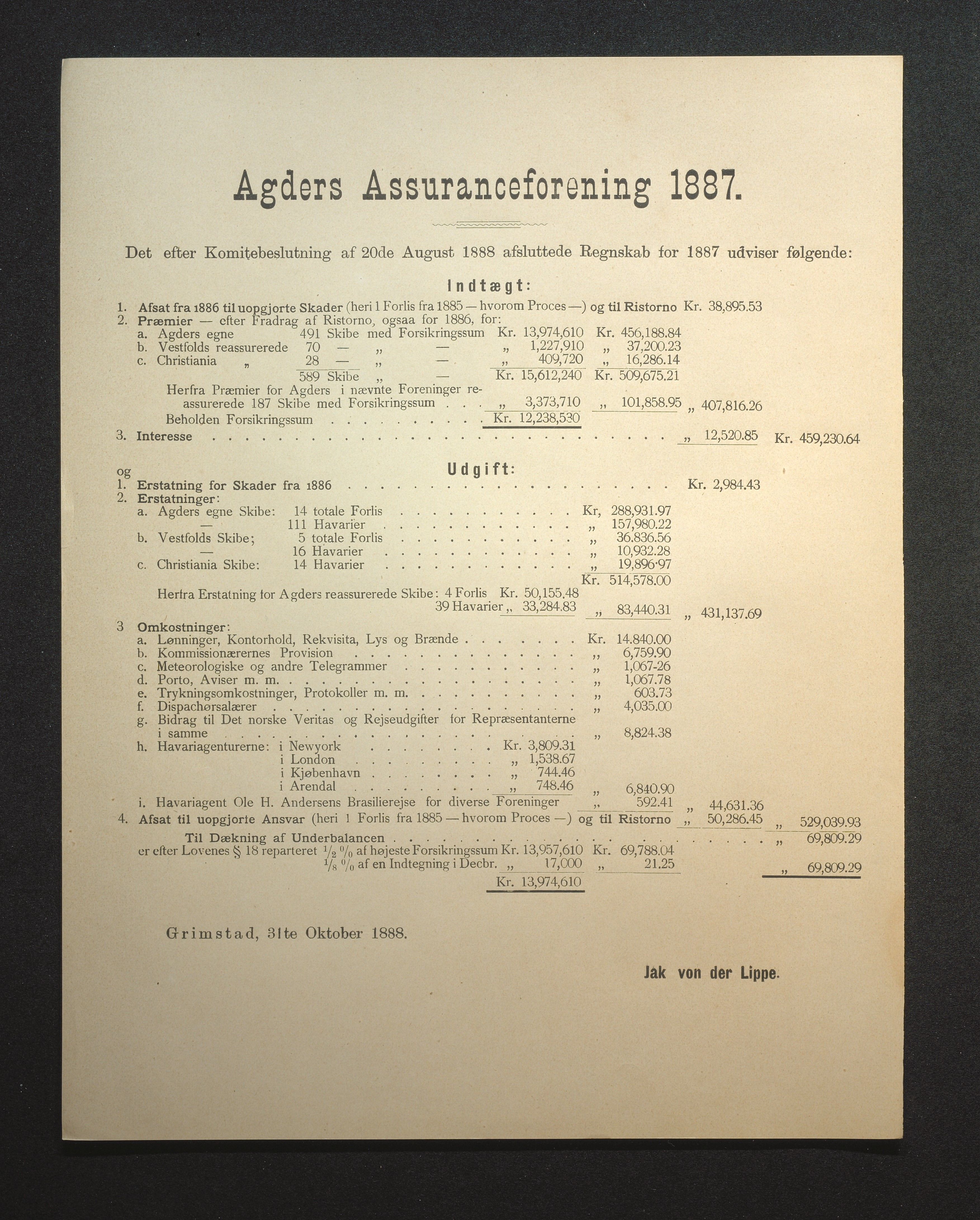 Agders Gjensidige Assuranceforening, AAKS/PA-1718/05/L0002: Regnskap, seilavdeling, pakkesak, 1881-1889