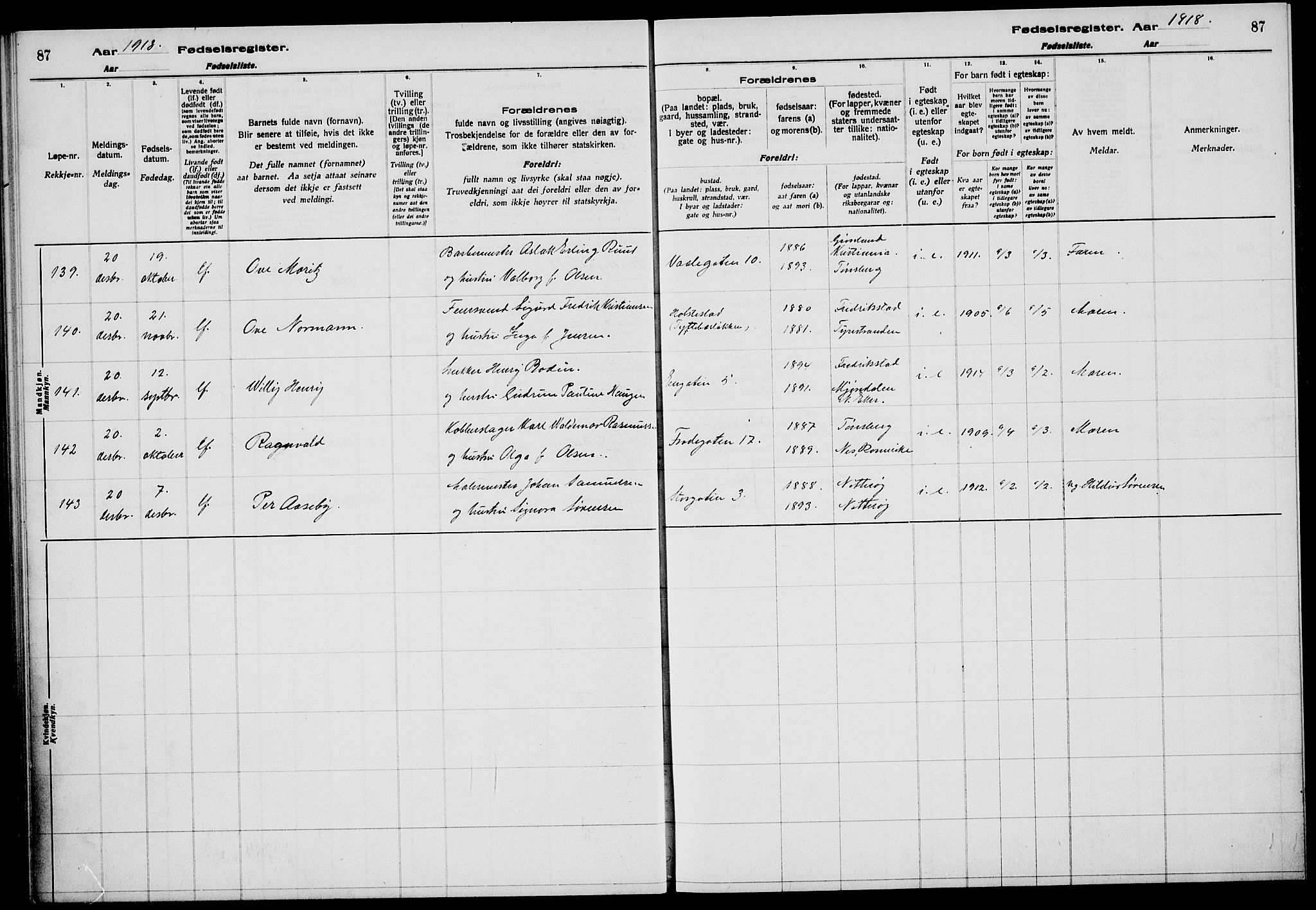 Tønsberg kirkebøker, AV/SAKO-A-330/J/Ja/L0001: Fødselsregister nr. 1, 1916-1922, s. 87