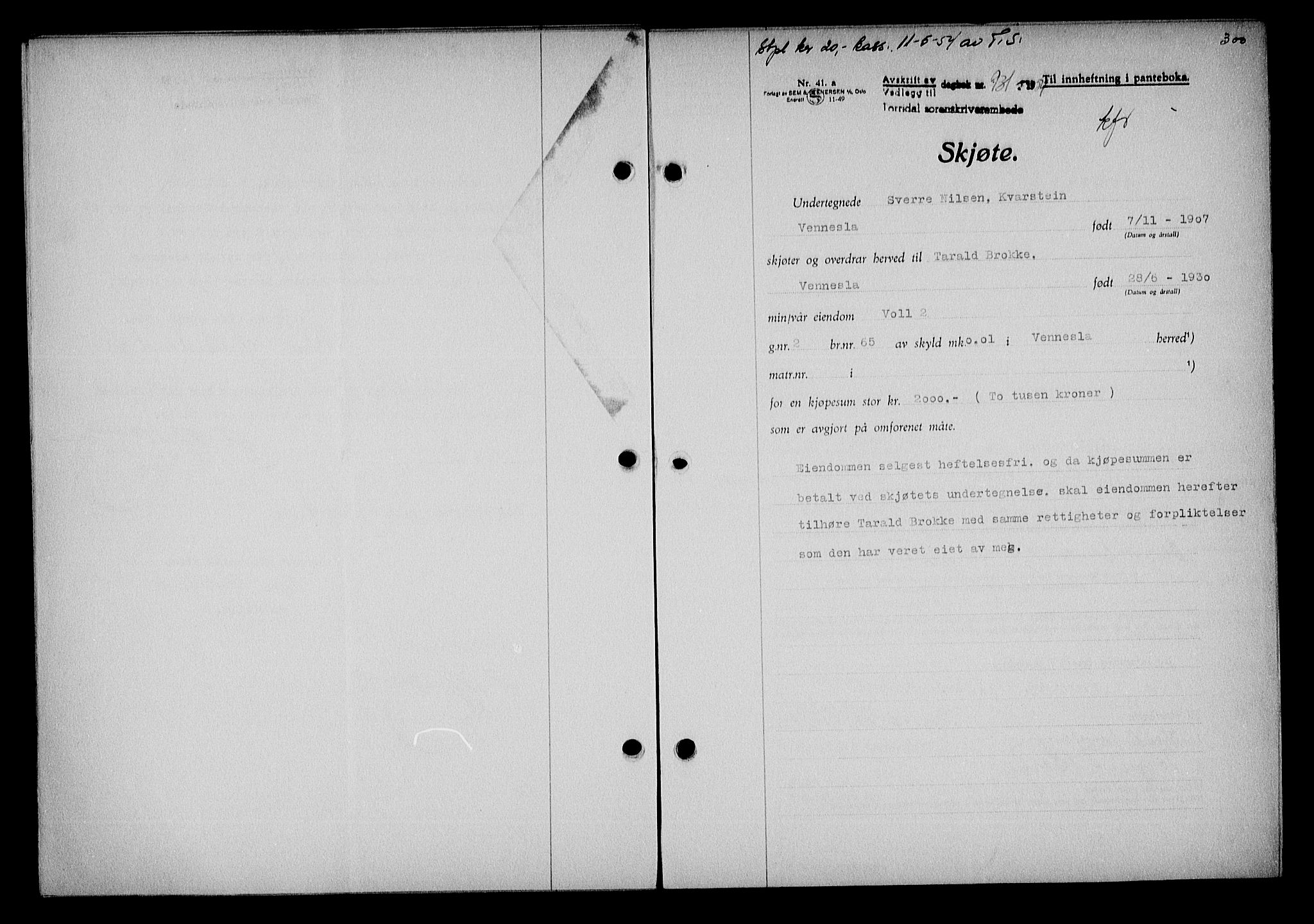 Torridal sorenskriveri, SAK/1221-0012/G/Gb/Gba/L0065: Pantebok nr. 80a-84a, 1953-1955, Dagboknr: 931/1954