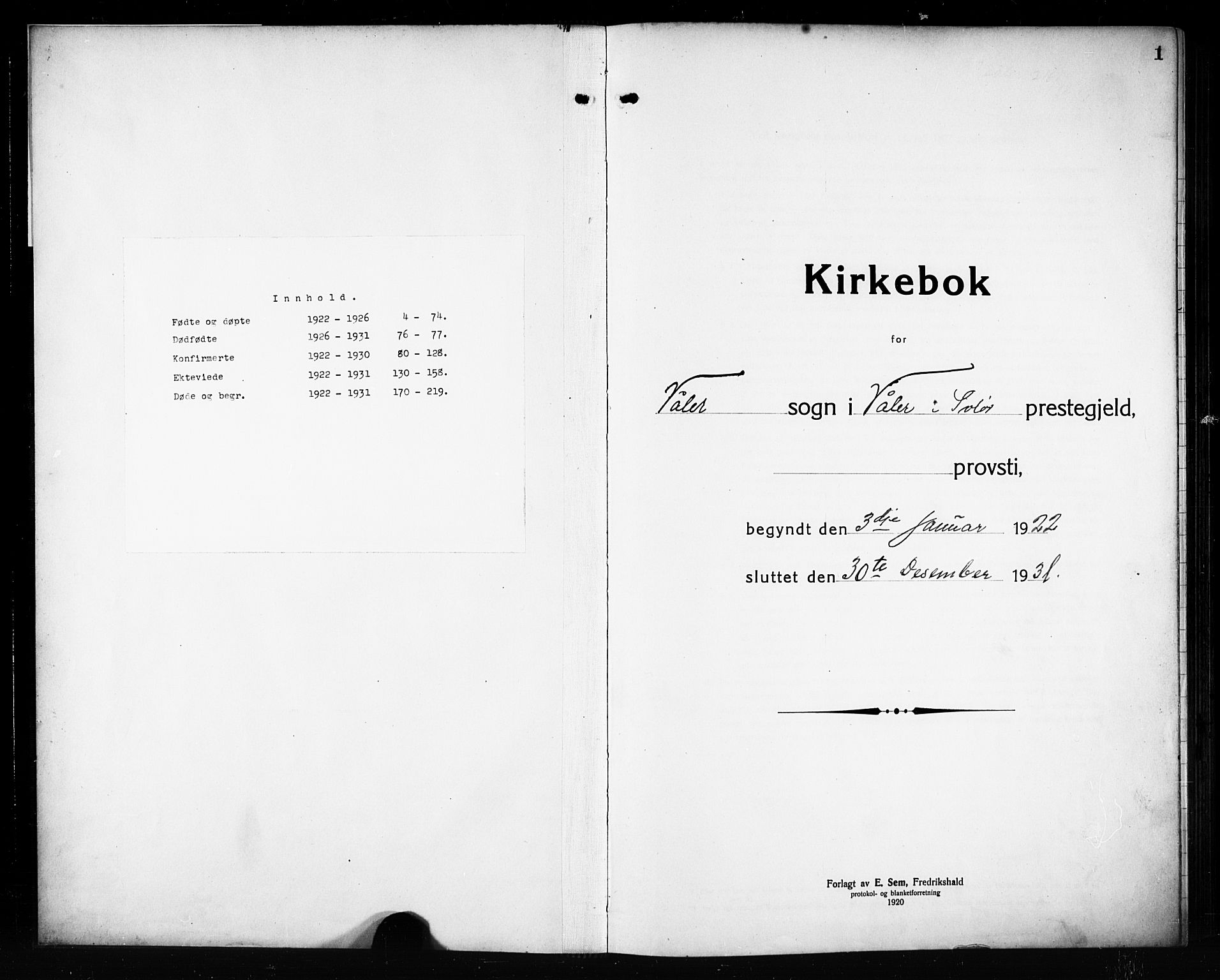 Våler prestekontor, Hedmark, SAH/PREST-040/H/Ha/Hab/L0004: Klokkerbok nr. 4, 1922-1931, s. 1