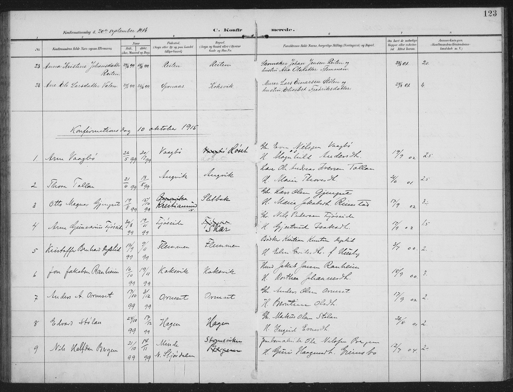 Ministerialprotokoller, klokkerbøker og fødselsregistre - Møre og Romsdal, SAT/A-1454/586/L0989: Ministerialbok nr. 586A15, 1906-1915, s. 123