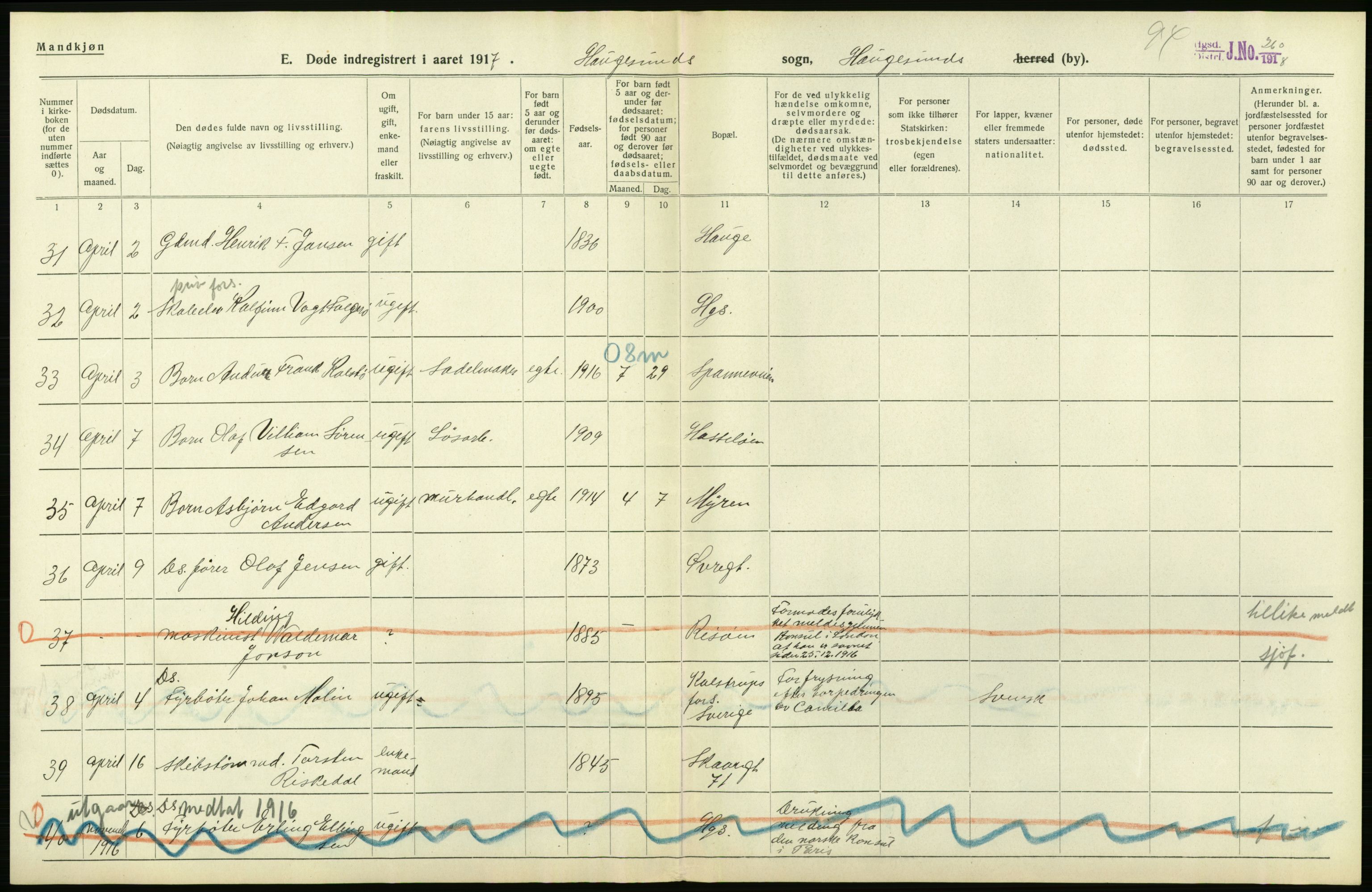 Statistisk sentralbyrå, Sosiodemografiske emner, Befolkning, RA/S-2228/D/Df/Dfb/Dfbg/L0033: Stavanger amt: Døde, dødfødte. Bygder og byer., 1917, s. 356