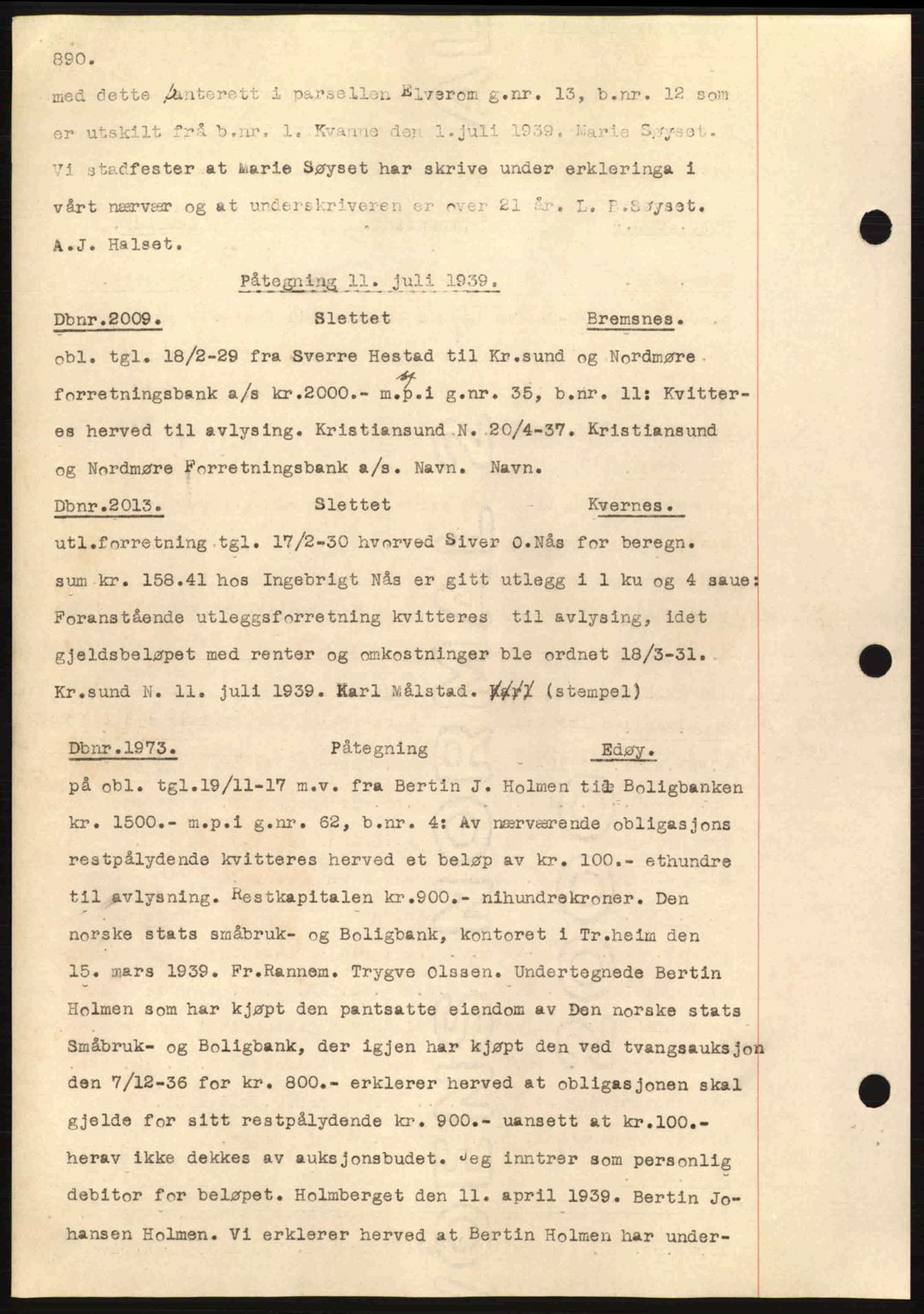 Nordmøre sorenskriveri, SAT/A-4132/1/2/2Ca: Pantebok nr. C80, 1936-1939, Dagboknr: 2009/1939