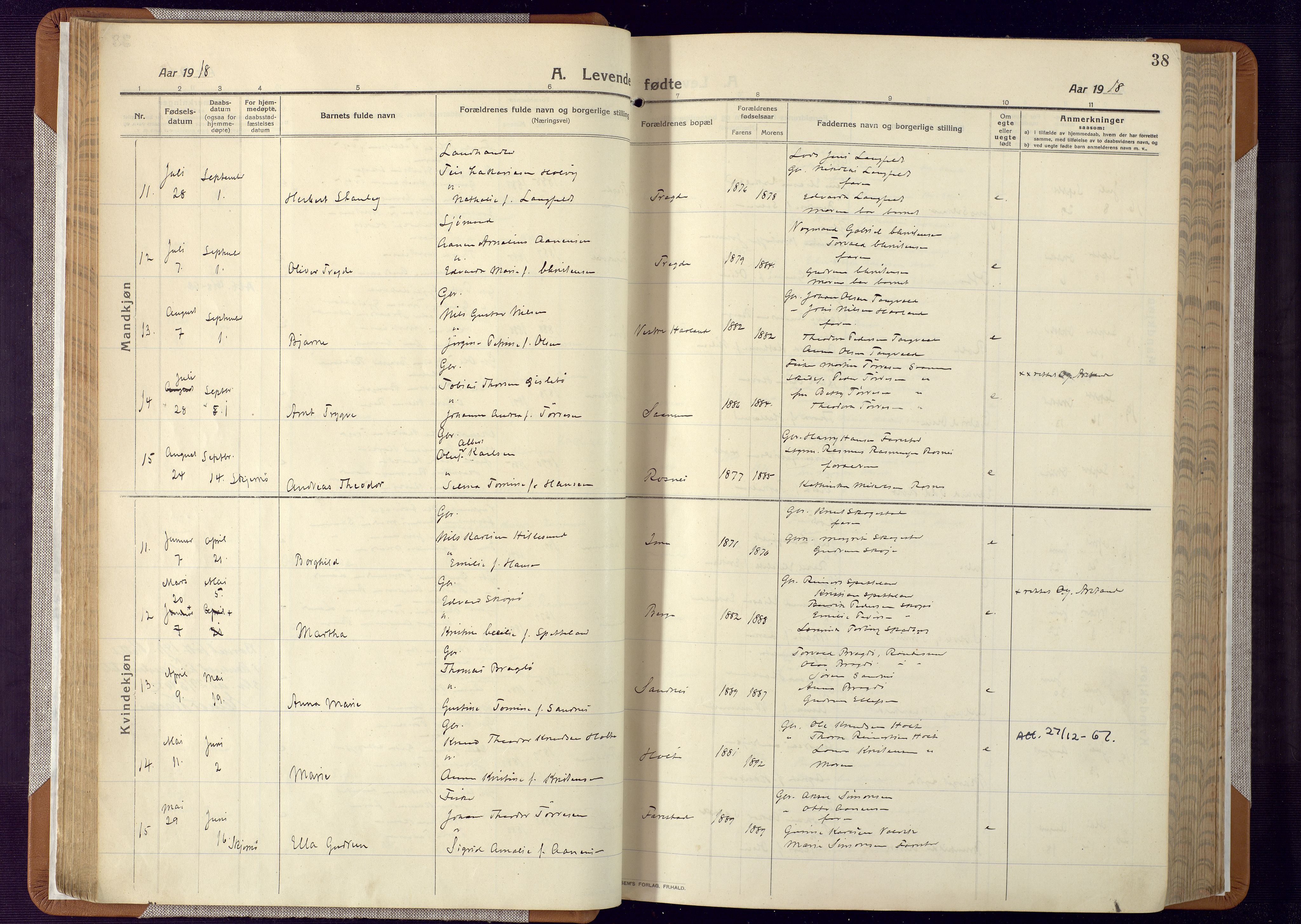 Mandal sokneprestkontor, AV/SAK-1111-0030/F/Fa/Faa/L0022: Ministerialbok nr. A 22, 1913-1925, s. 38