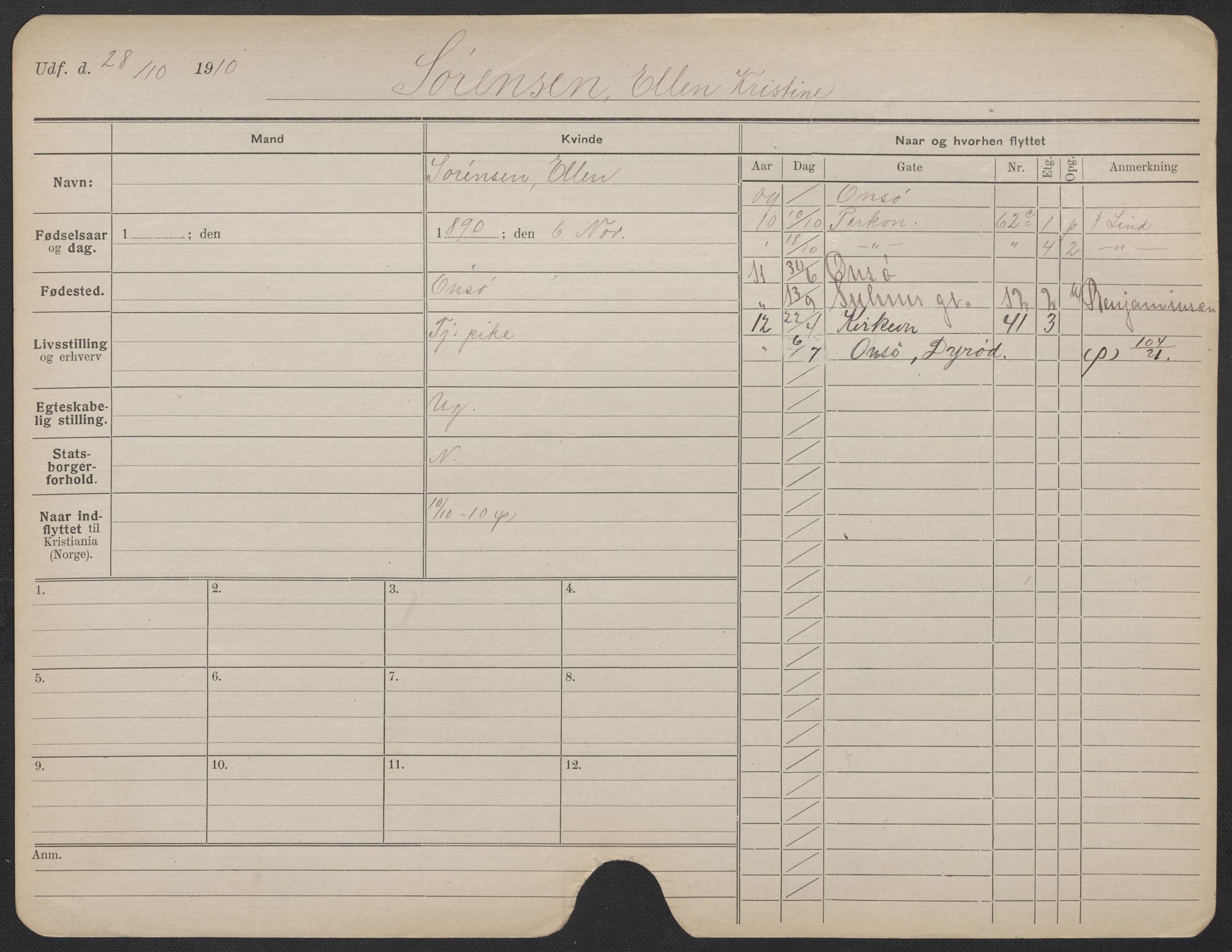 Oslo folkeregister, Registerkort, AV/SAO-A-11715/F/Fa/Fac/L0024: Kvinner, 1906-1914, s. 878a