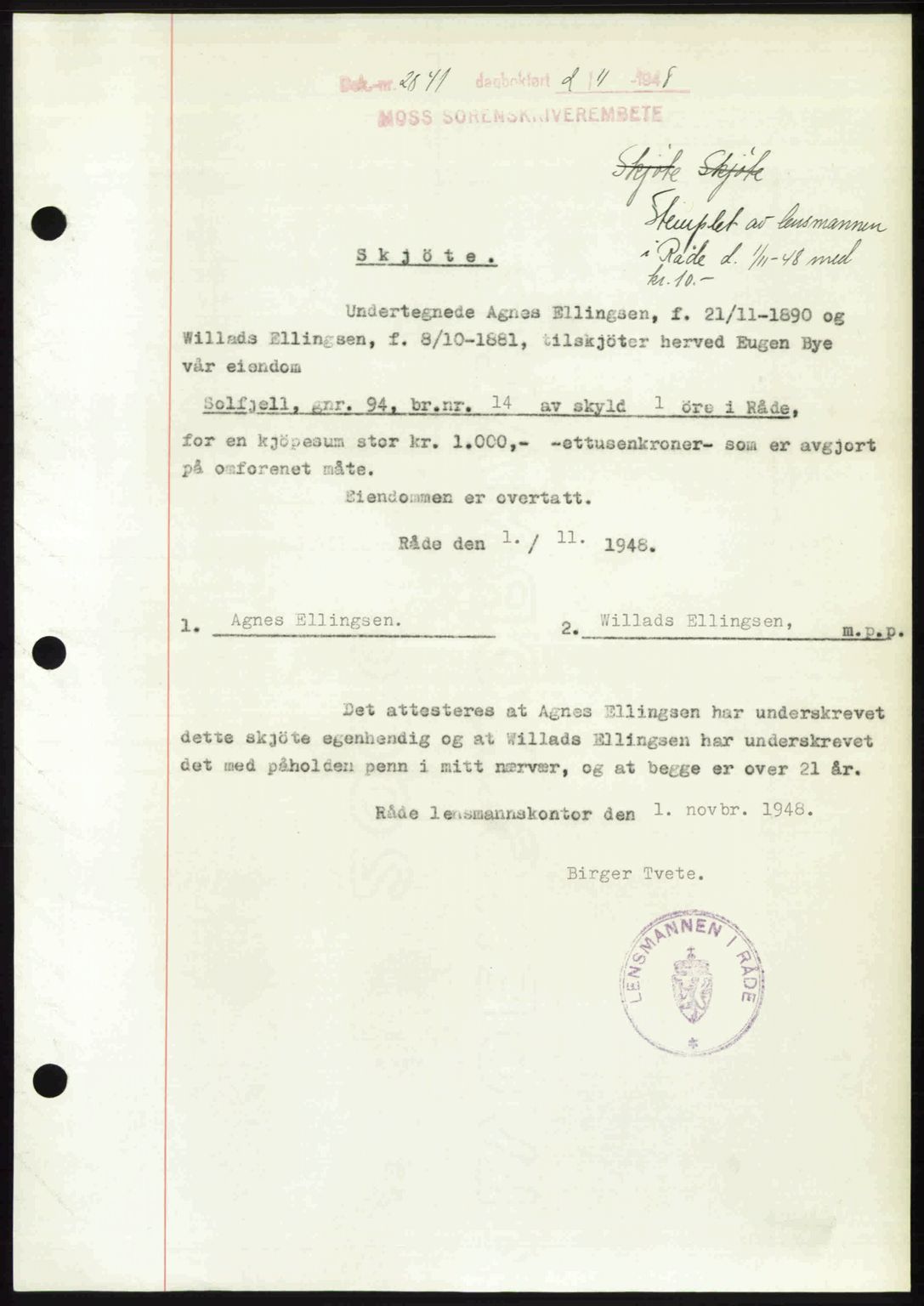 Moss sorenskriveri, SAO/A-10168: Pantebok nr. A20, 1948-1948, Dagboknr: 2841/1948