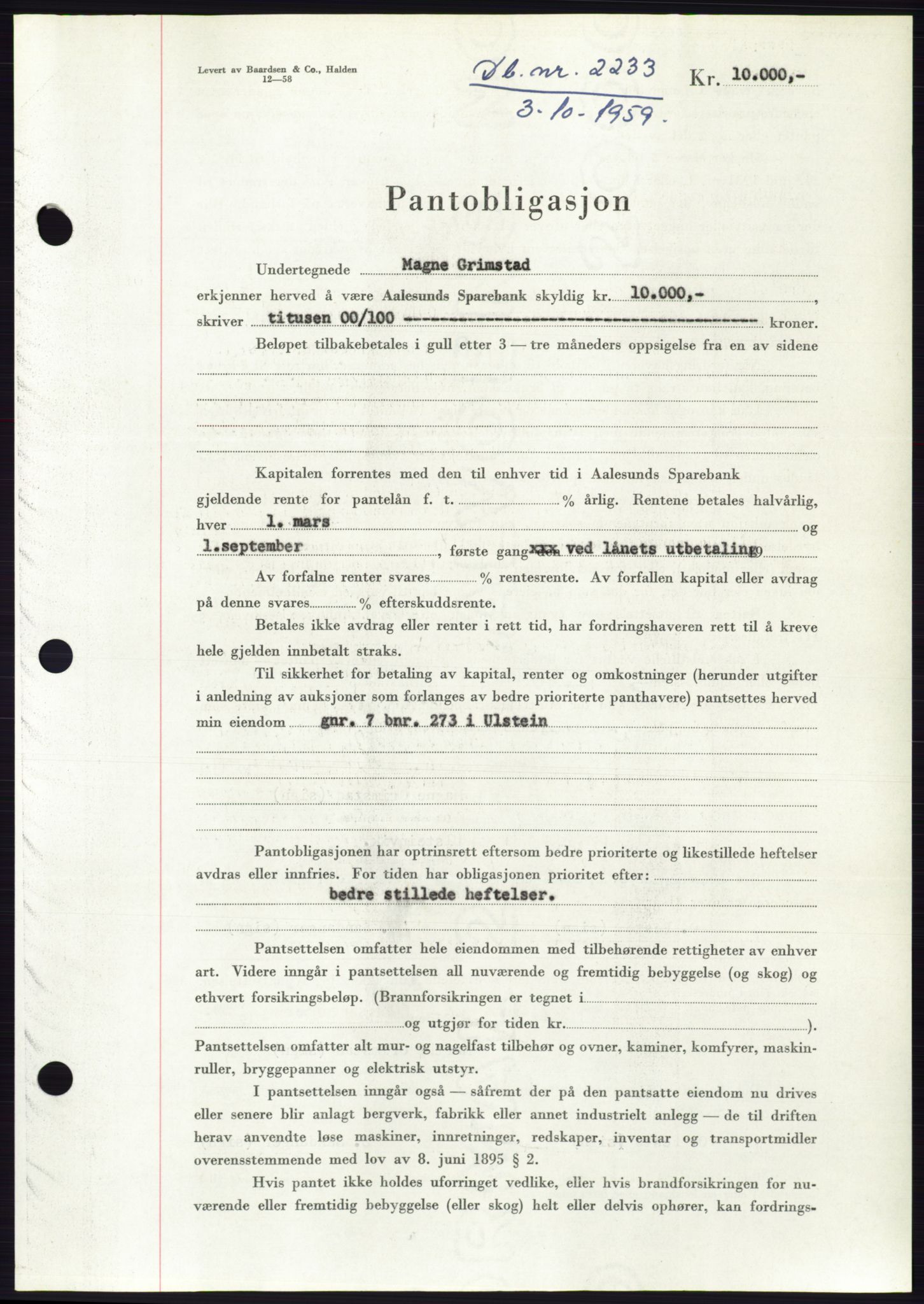 Søre Sunnmøre sorenskriveri, SAT/A-4122/1/2/2C/L0133: Pantebok nr. 21B, 1959-1959, Dagboknr: 2233/1959