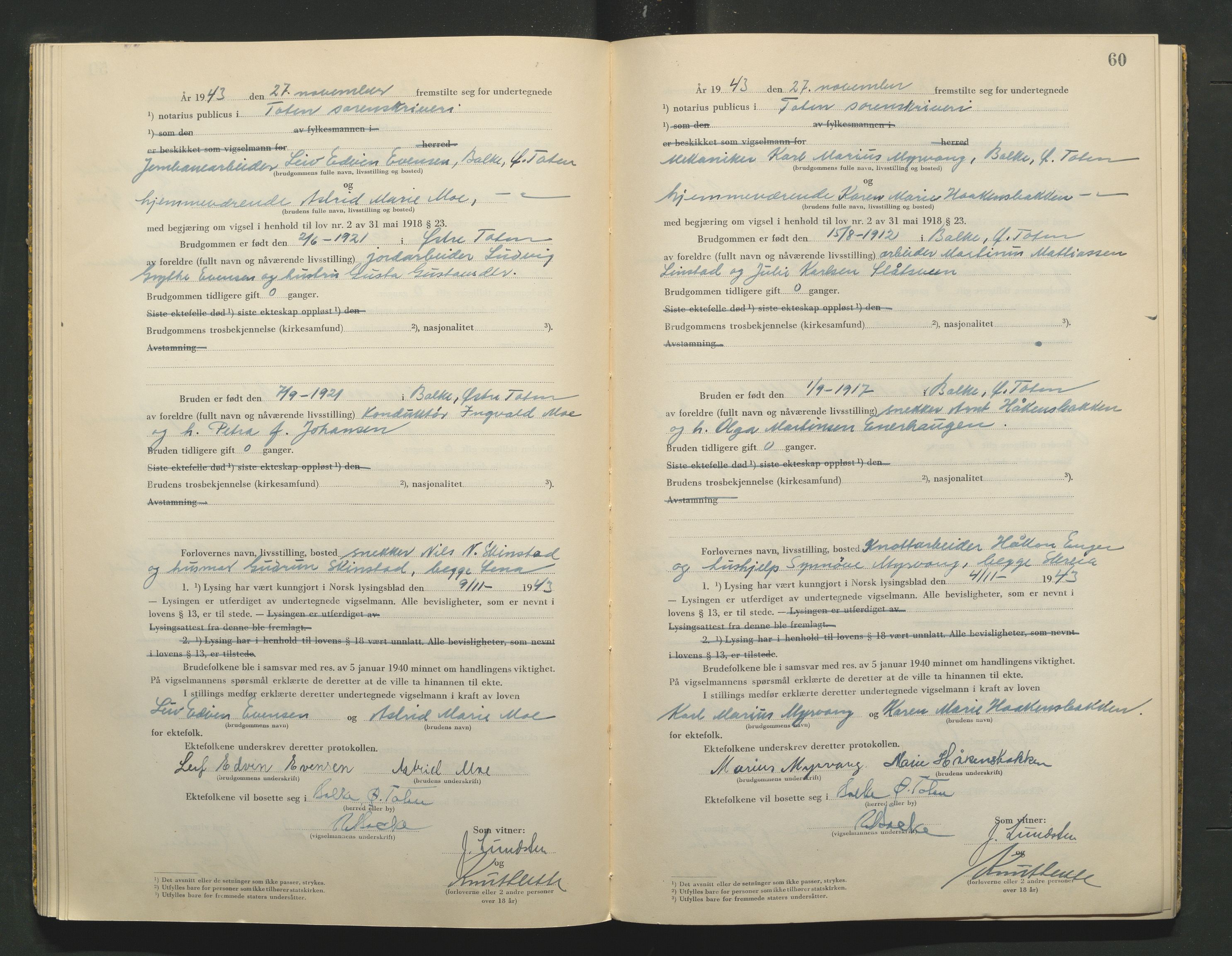 Toten tingrett, AV/SAH-TING-006/L/Lc/L0003: Vigselbok, 1943-1944, s. 60