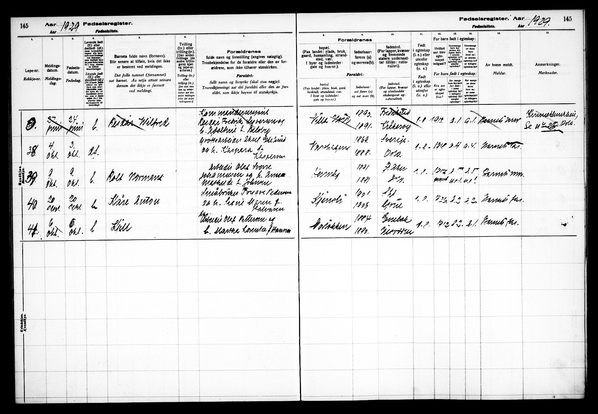 Kråkstad prestekontor Kirkebøker, AV/SAO-A-10125a/J/Jb/L0001: Fødselsregister nr. II 1, 1916-1936, s. 145