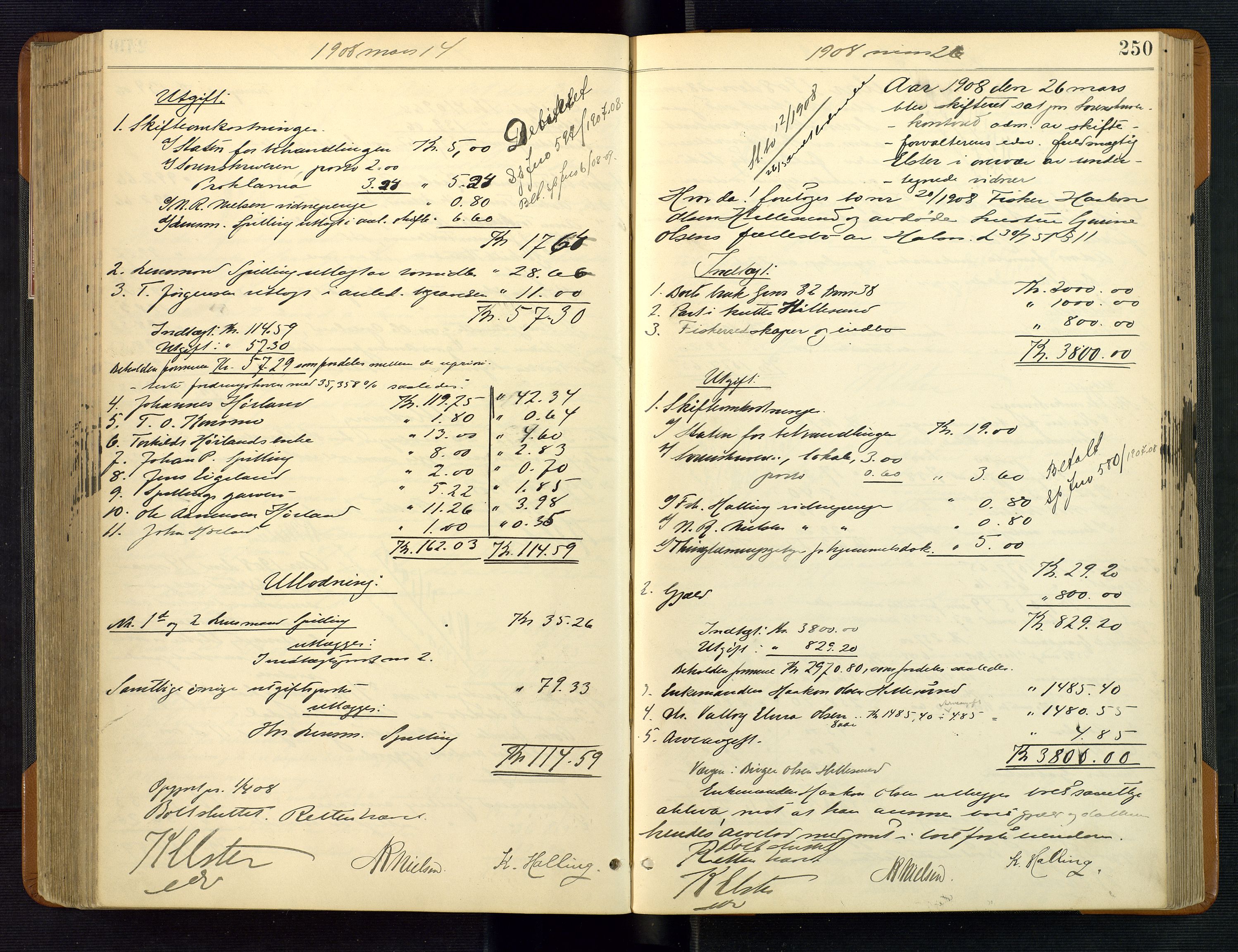 Mandal sorenskriveri, SAK/1221-0005/001/H/Hc/L0097: Skifteutlodningsprotokoll nr 6 med register, 1903-1910, s. 250