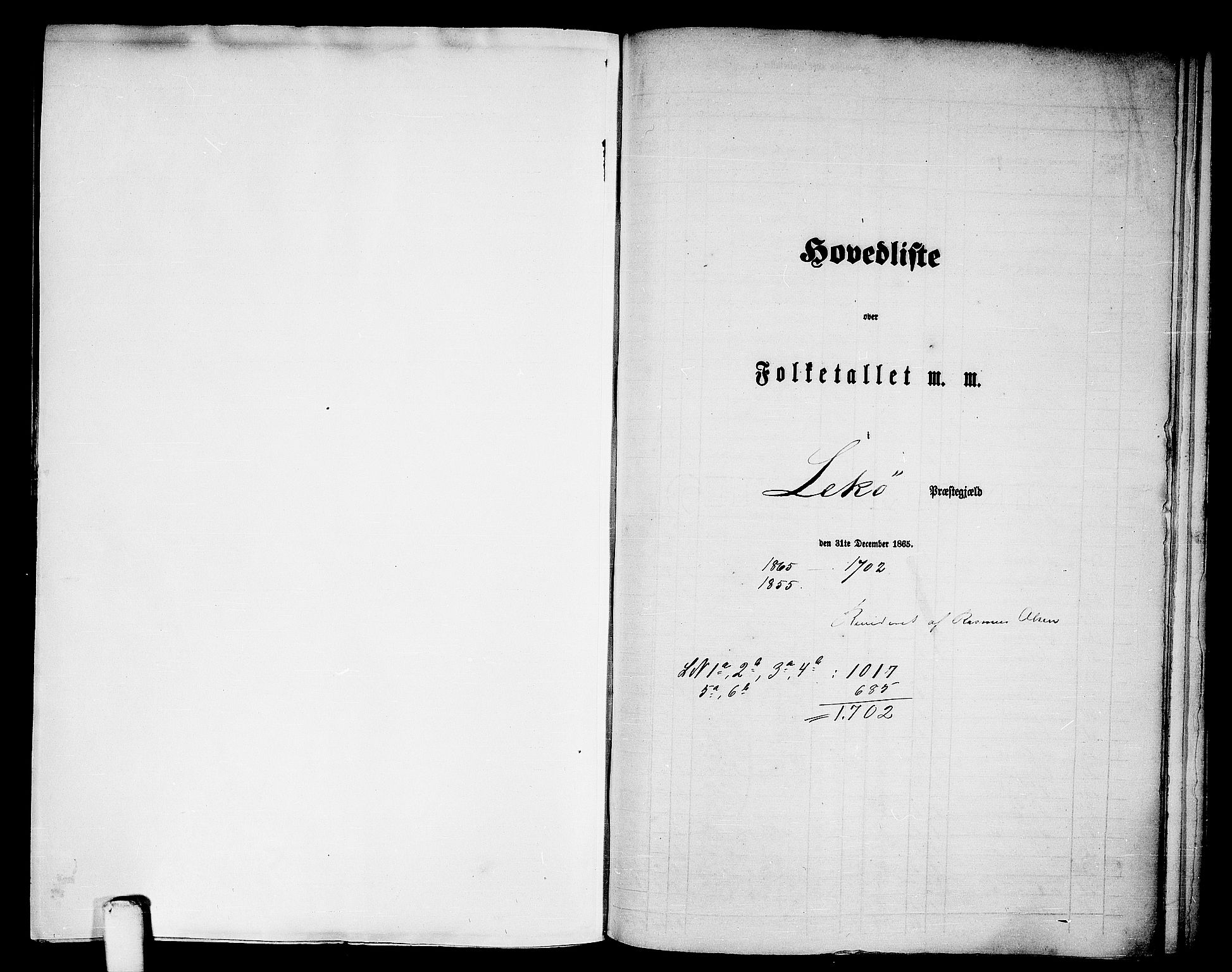 RA, Folketelling 1865 for 1755P Leka prestegjeld, 1865, s. 1