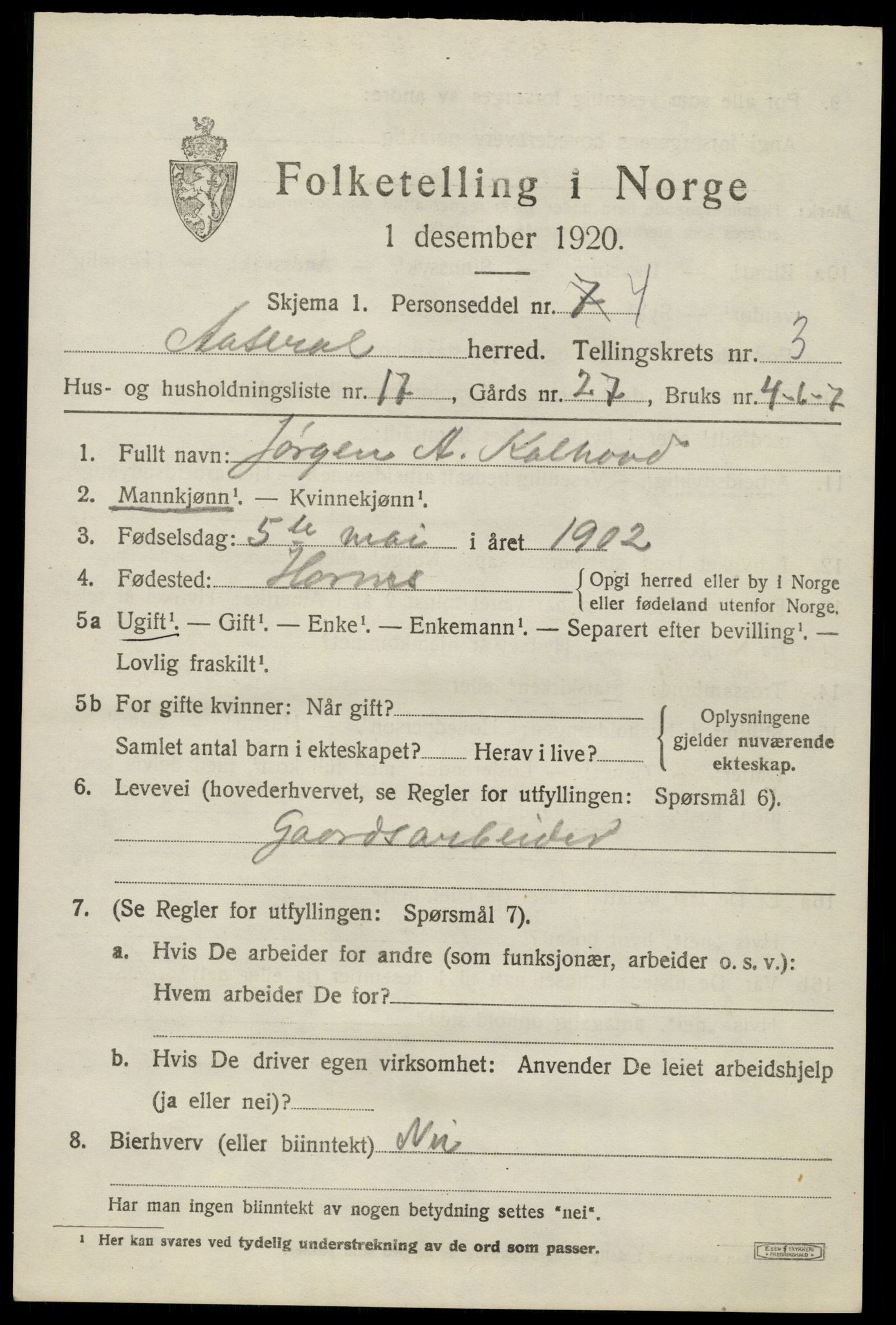 SAK, Folketelling 1920 for 1026 Åseral herred, 1920, s. 1152
