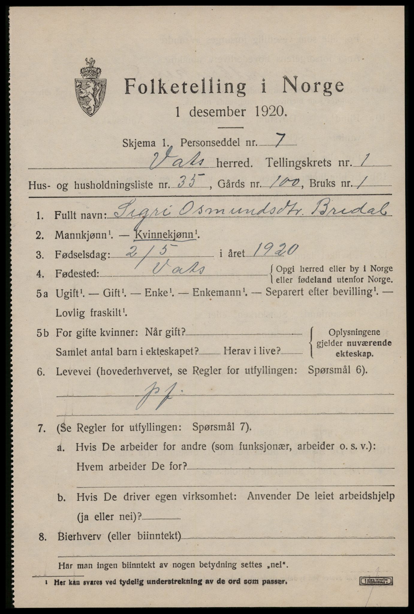 SAST, Folketelling 1920 for 1155 Vats herred, 1920, s. 809