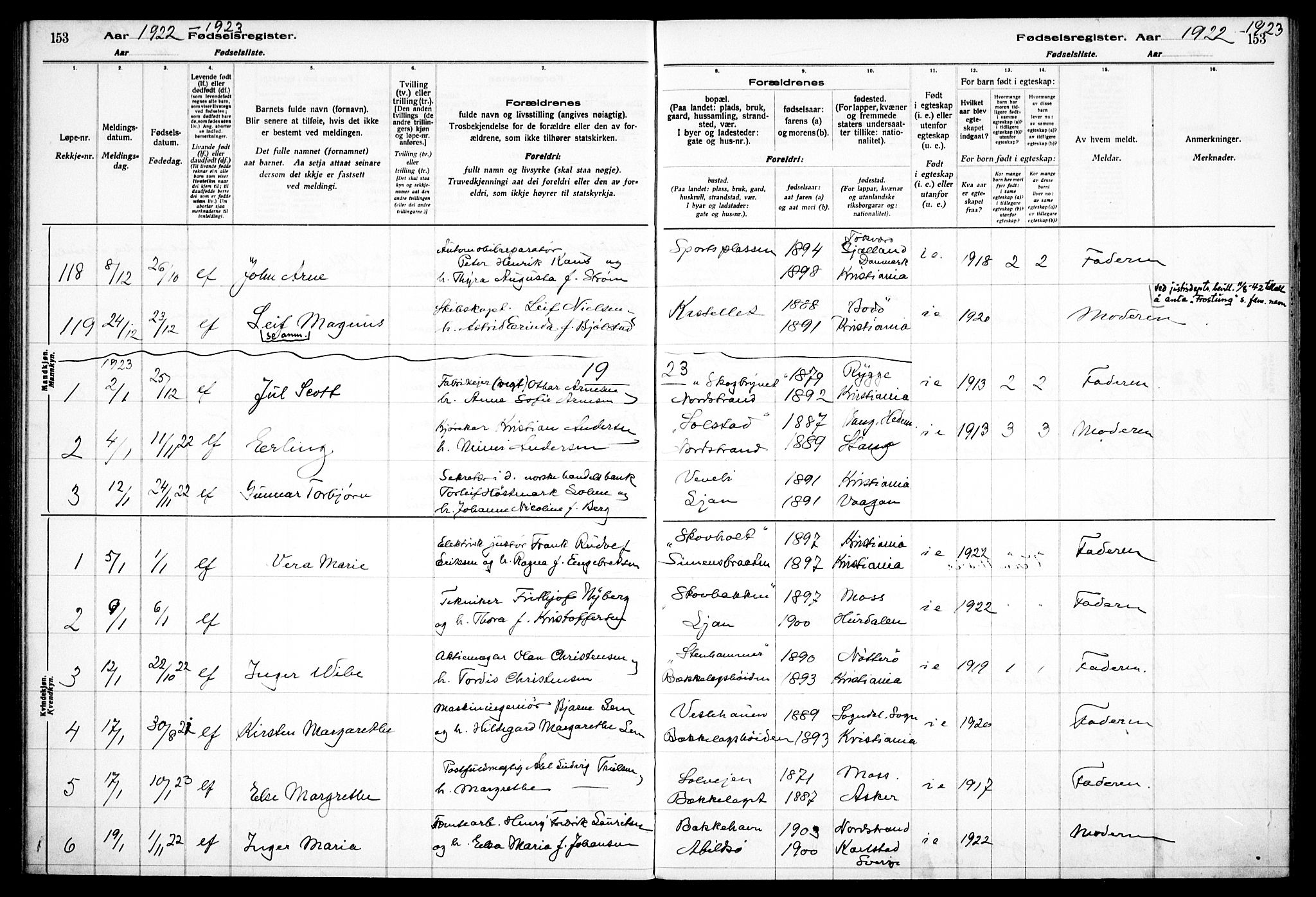 Nordstrand prestekontor Kirkebøker, SAO/A-10362a/J/Ja/L0001: Fødselsregister nr. I 1, 1916-1924, s. 153