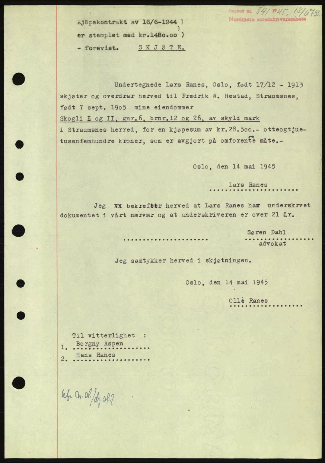 Nordmøre sorenskriveri, SAT/A-4132/1/2/2Ca: Pantebok nr. A99, 1945-1945, Dagboknr: 841/1945