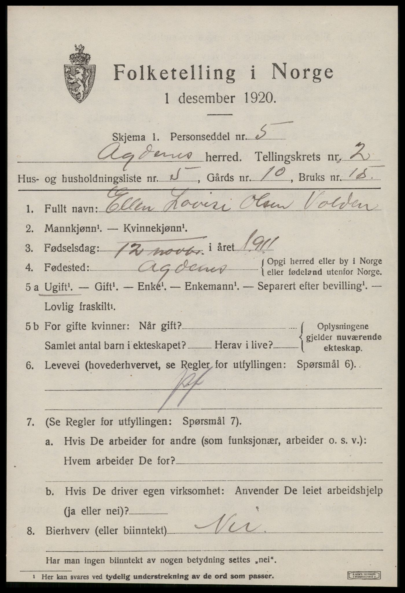 SAT, Folketelling 1920 for 1622 Agdenes herred, 1920, s. 1127