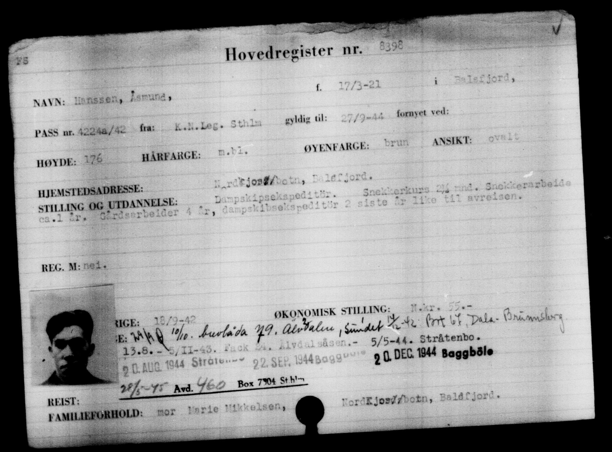 Utenriksstasjonene, Legasjonen i Stockholm, Flyktningkontoret, AV/RA-S-6753/V/Va/L0005: Kjesäterkartoteket, flyktninger med registreringsnr. 6600-9417, 1940-1945, s. 2092