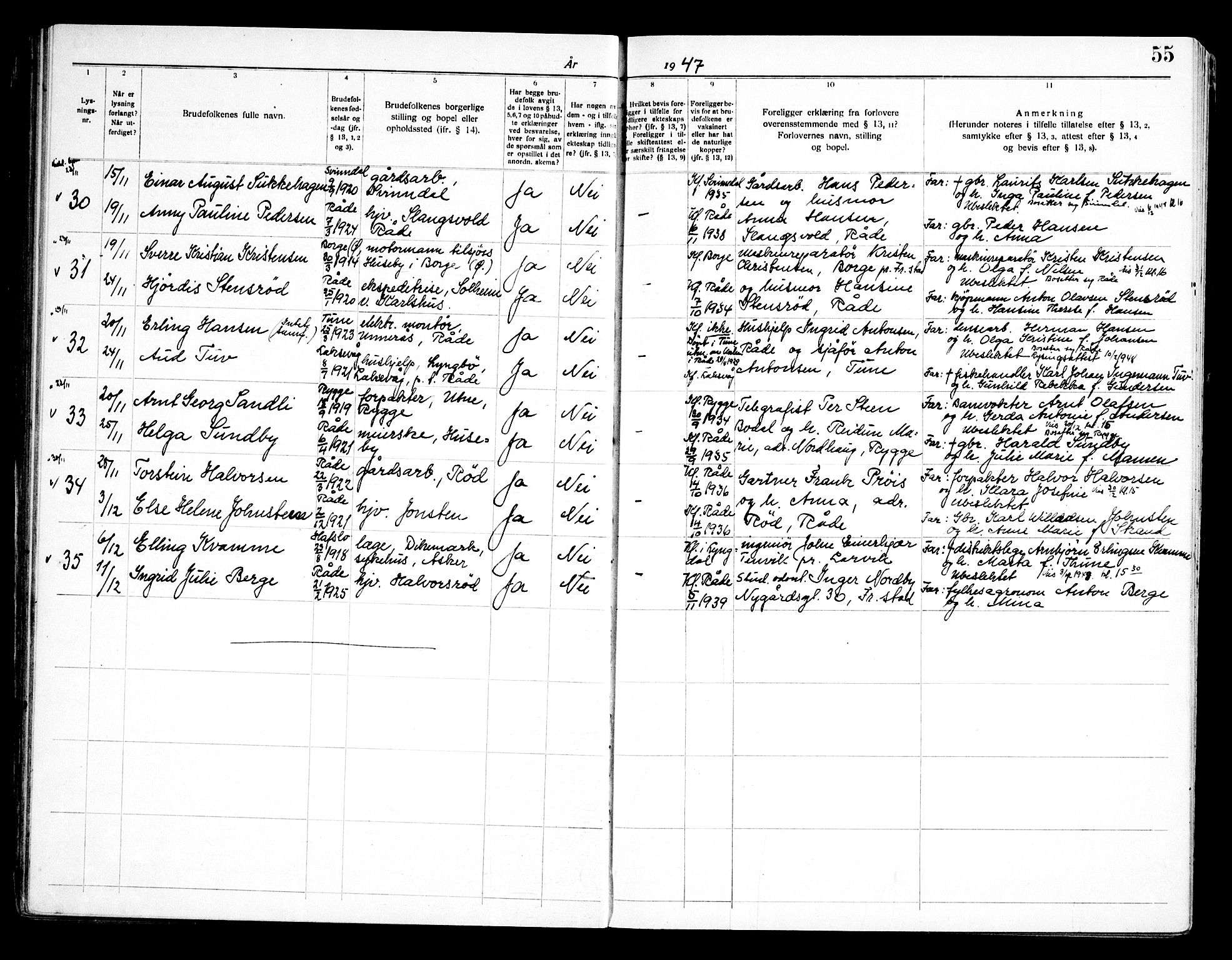 Råde prestekontor kirkebøker, AV/SAO-A-2009/H/Ha/L0001: Lysningsprotokoll nr. 1, 1919-1964, s. 55