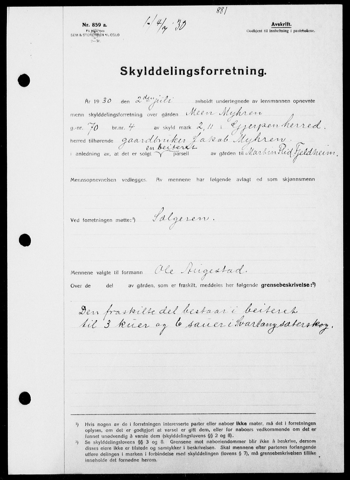 Gjerpen sorenskriveri, SAKO/A-216/G/Ga/Gaa/L0054: Pantebok nr. I 54-56, 1930-1931, s. 881, Tingl.dato: 04.07.1930