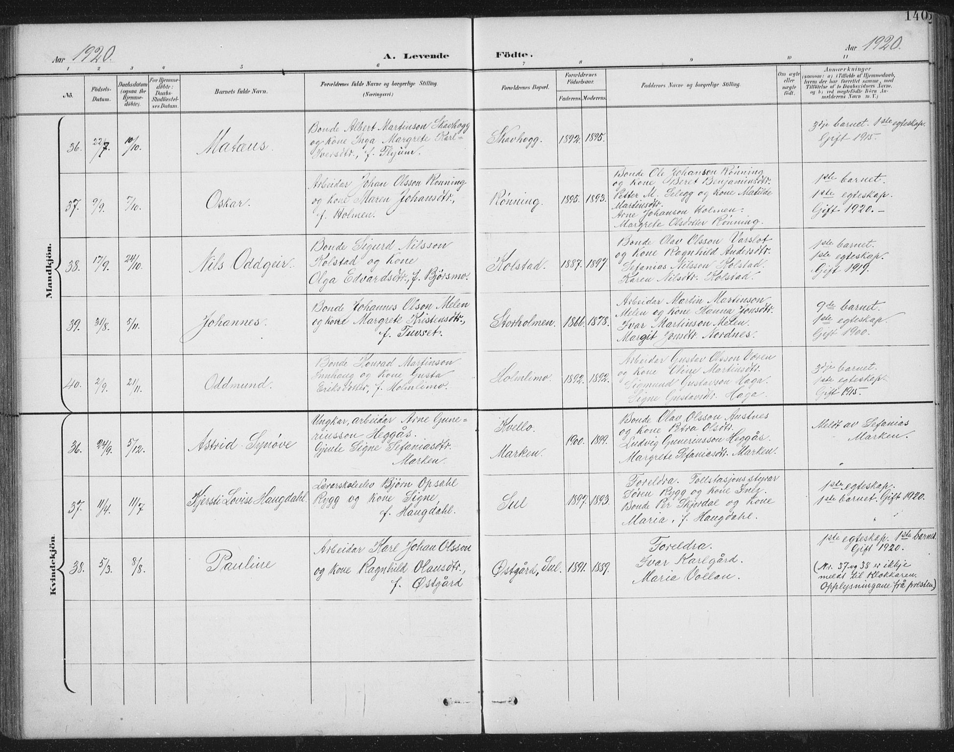 Ministerialprotokoller, klokkerbøker og fødselsregistre - Nord-Trøndelag, AV/SAT-A-1458/724/L0269: Klokkerbok nr. 724C05, 1899-1920, s. 140