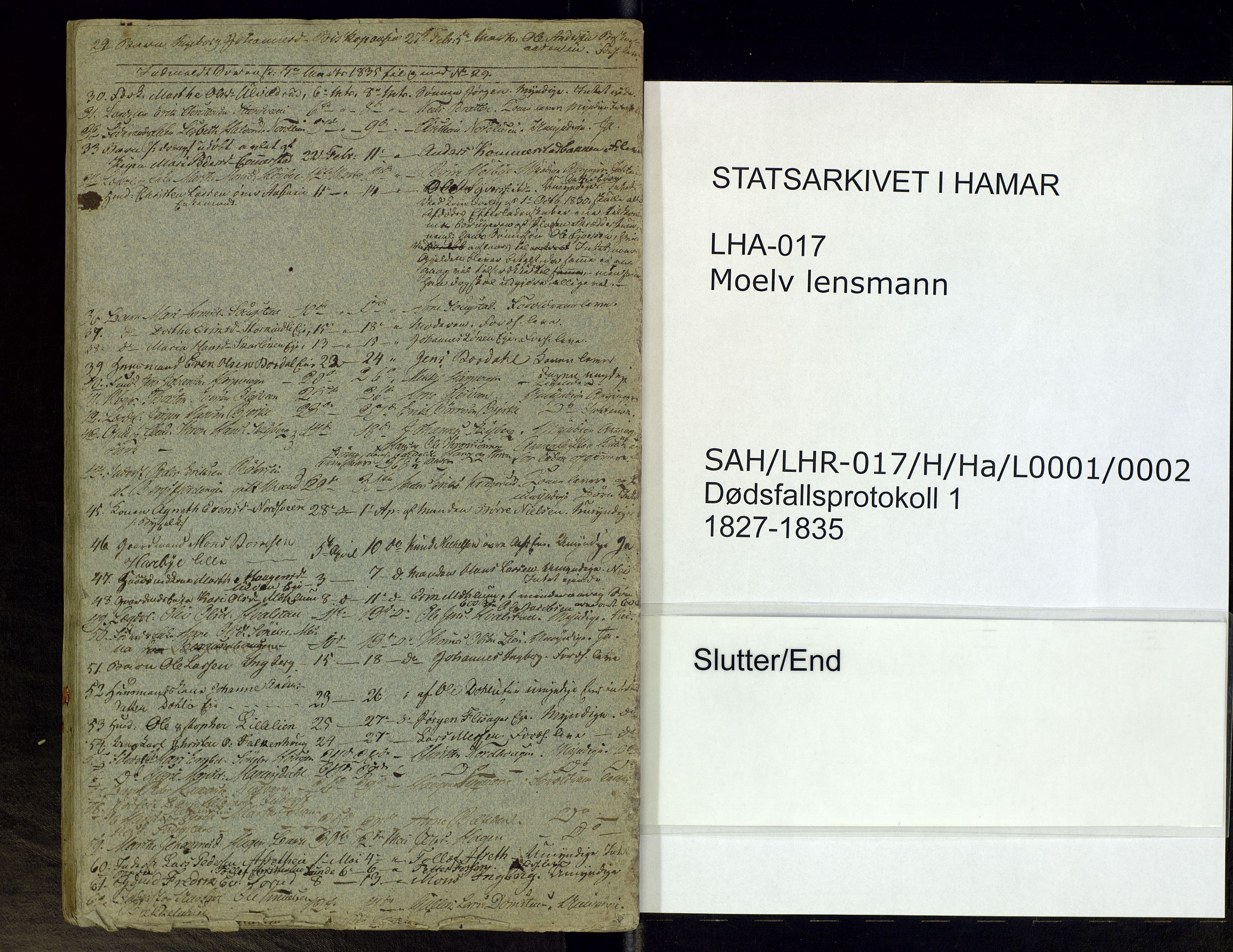 Moelv lensmannskontor, AV/SAH-LHR-017/H/Ha/L0001/0002: Dødsfallsprotokoller / Dødsfallsprotokoll, 1827-1835