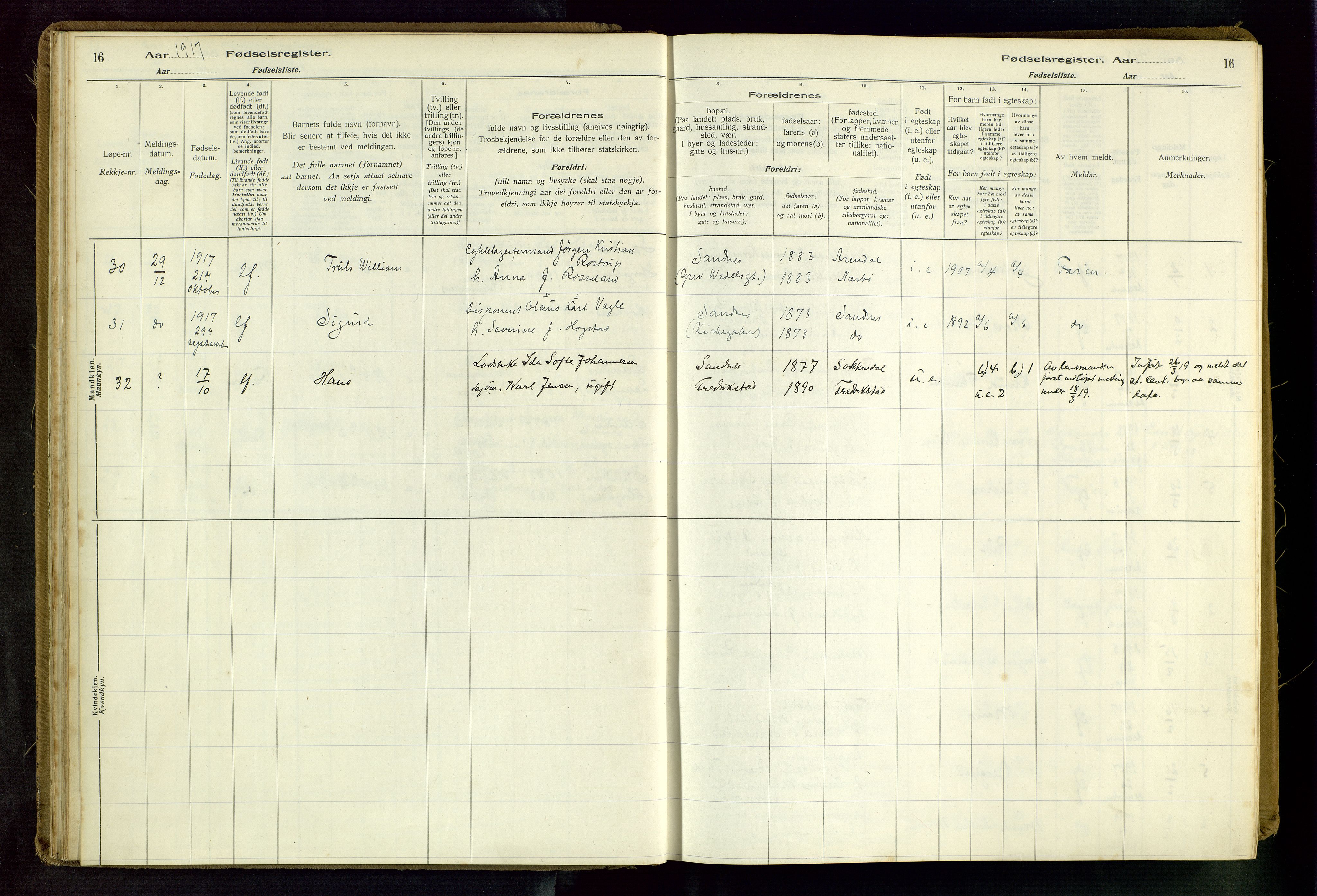 Sandnes sokneprestkontor, SAST/A-101800/704BA/L0001: Fødselsregister nr. 1, 1916-1942, s. 16