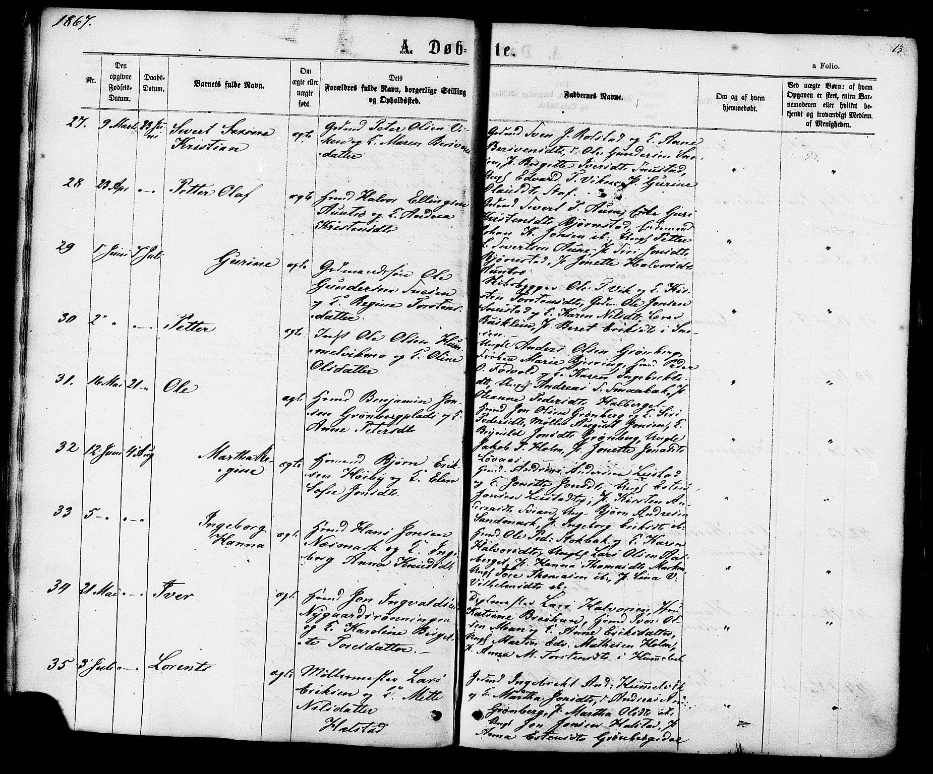 Ministerialprotokoller, klokkerbøker og fødselsregistre - Sør-Trøndelag, AV/SAT-A-1456/616/L0409: Ministerialbok nr. 616A06, 1865-1877, s. 13