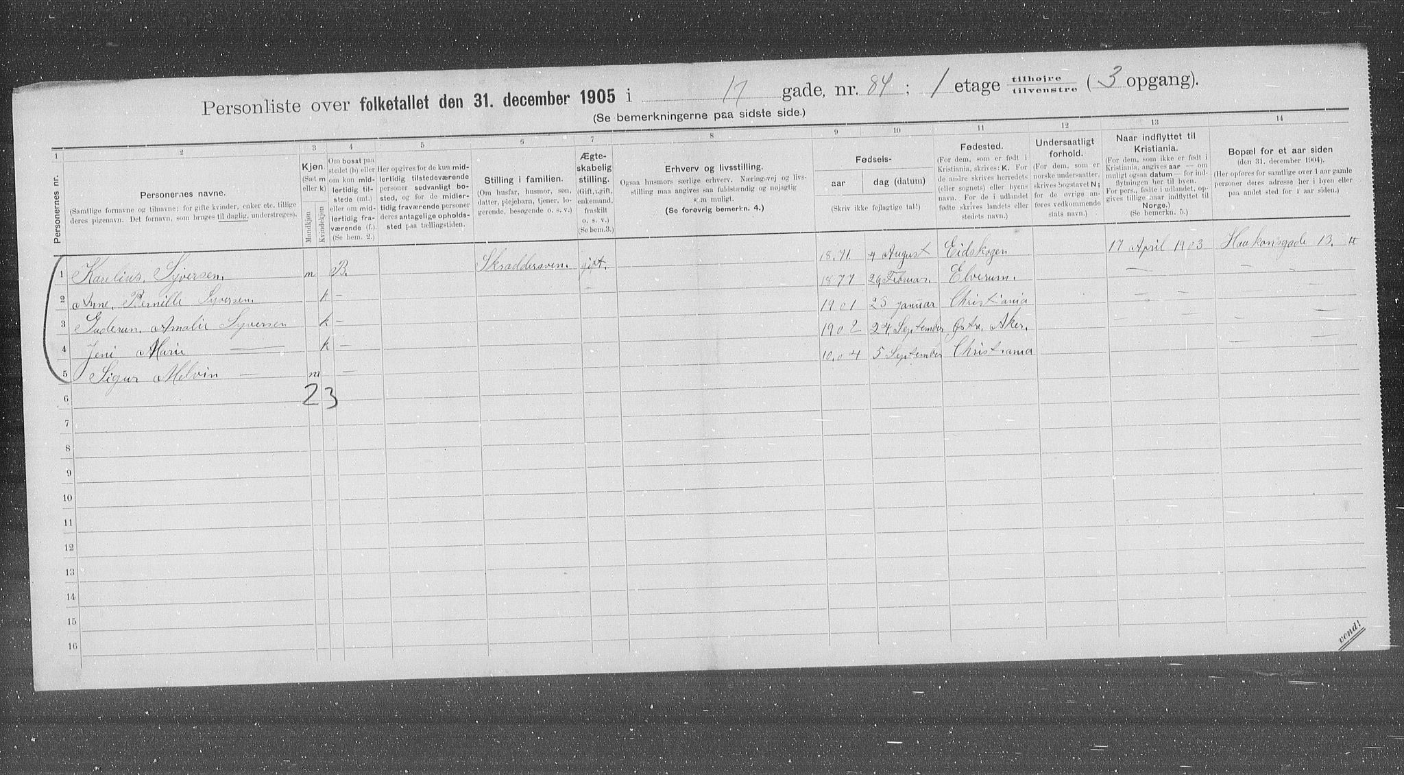 OBA, Kommunal folketelling 31.12.1905 for Kristiania kjøpstad, 1905, s. 48232