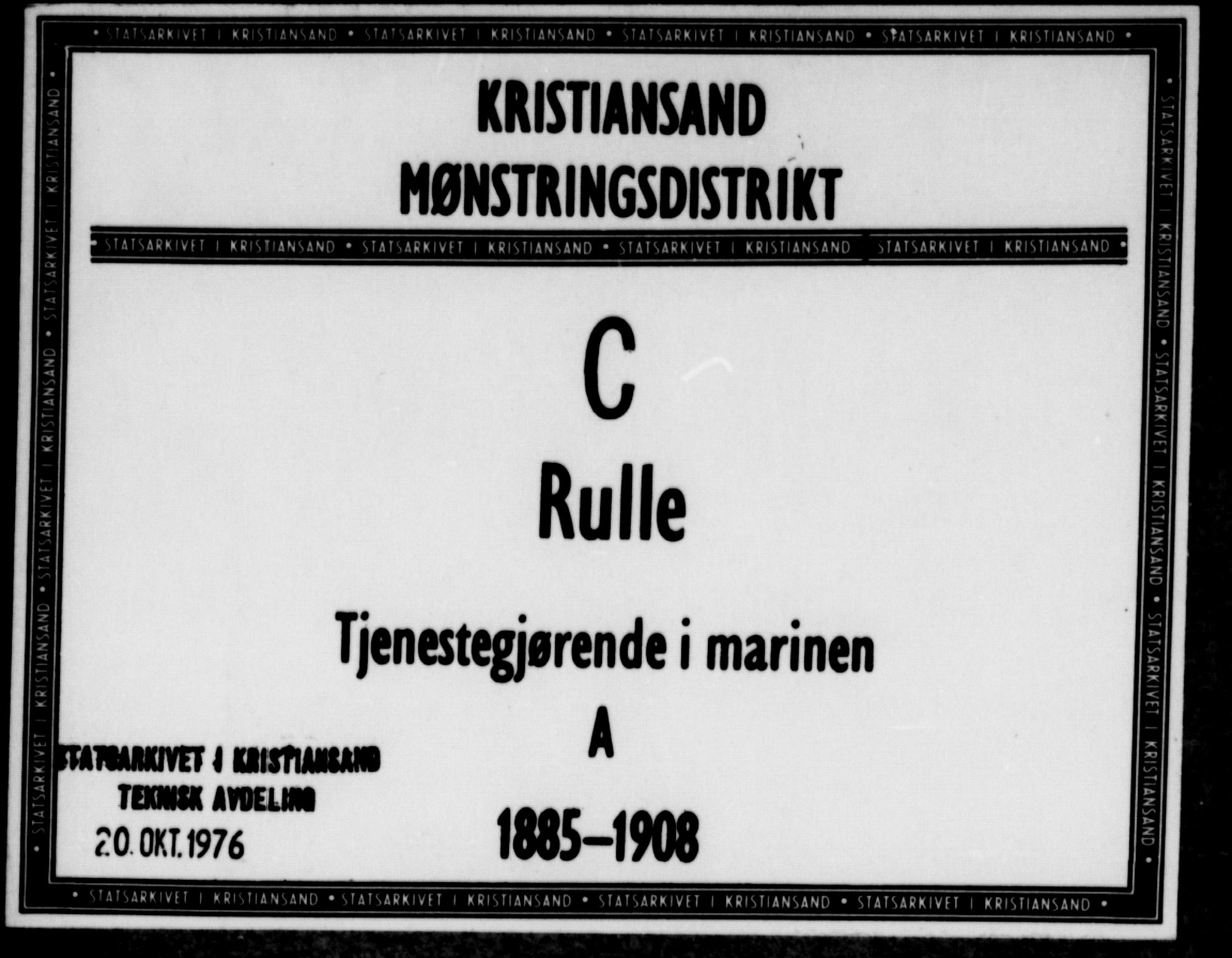 Kristiansand mønstringskrets, SAK/2031-0015/F/Fd/L0001: Rulle tjenestegjørende i marinen A, C-1, 1885-1908, s. 1