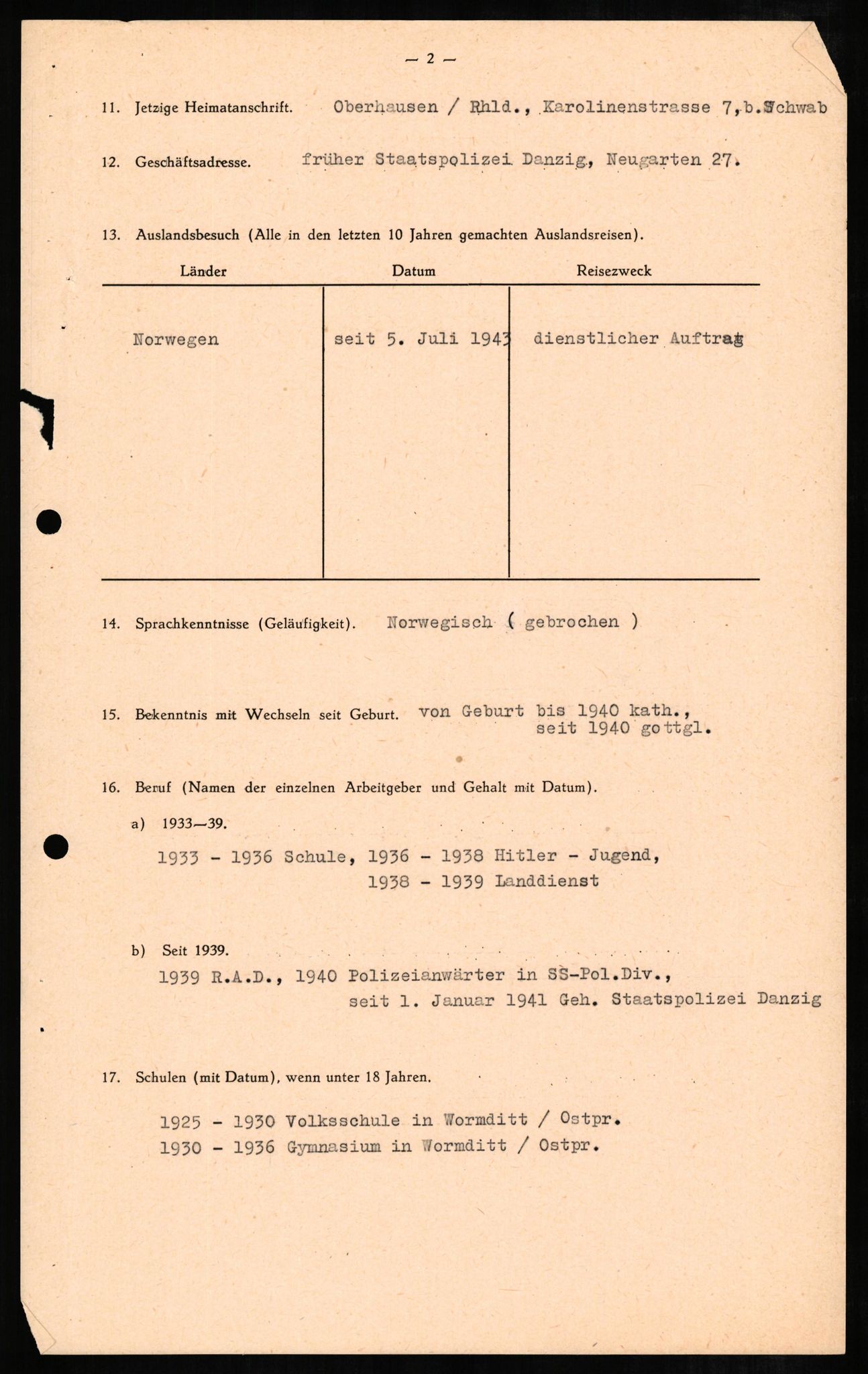 Forsvaret, Forsvarets overkommando II, RA/RAFA-3915/D/Db/L0005: CI Questionaires. Tyske okkupasjonsstyrker i Norge. Tyskere., 1945-1946, s. 347