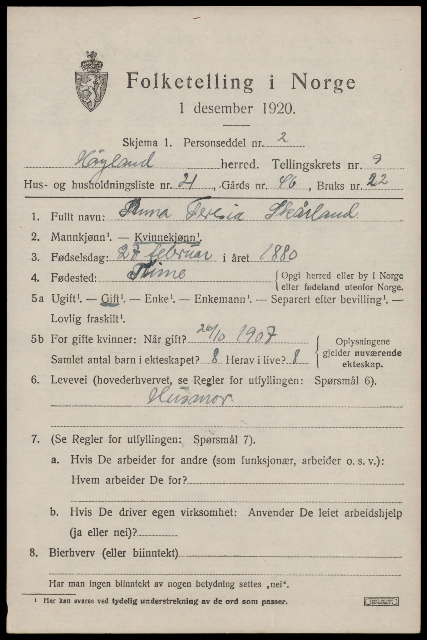 SAST, Folketelling 1920 for 1123 Høyland herred, 1920, s. 6326