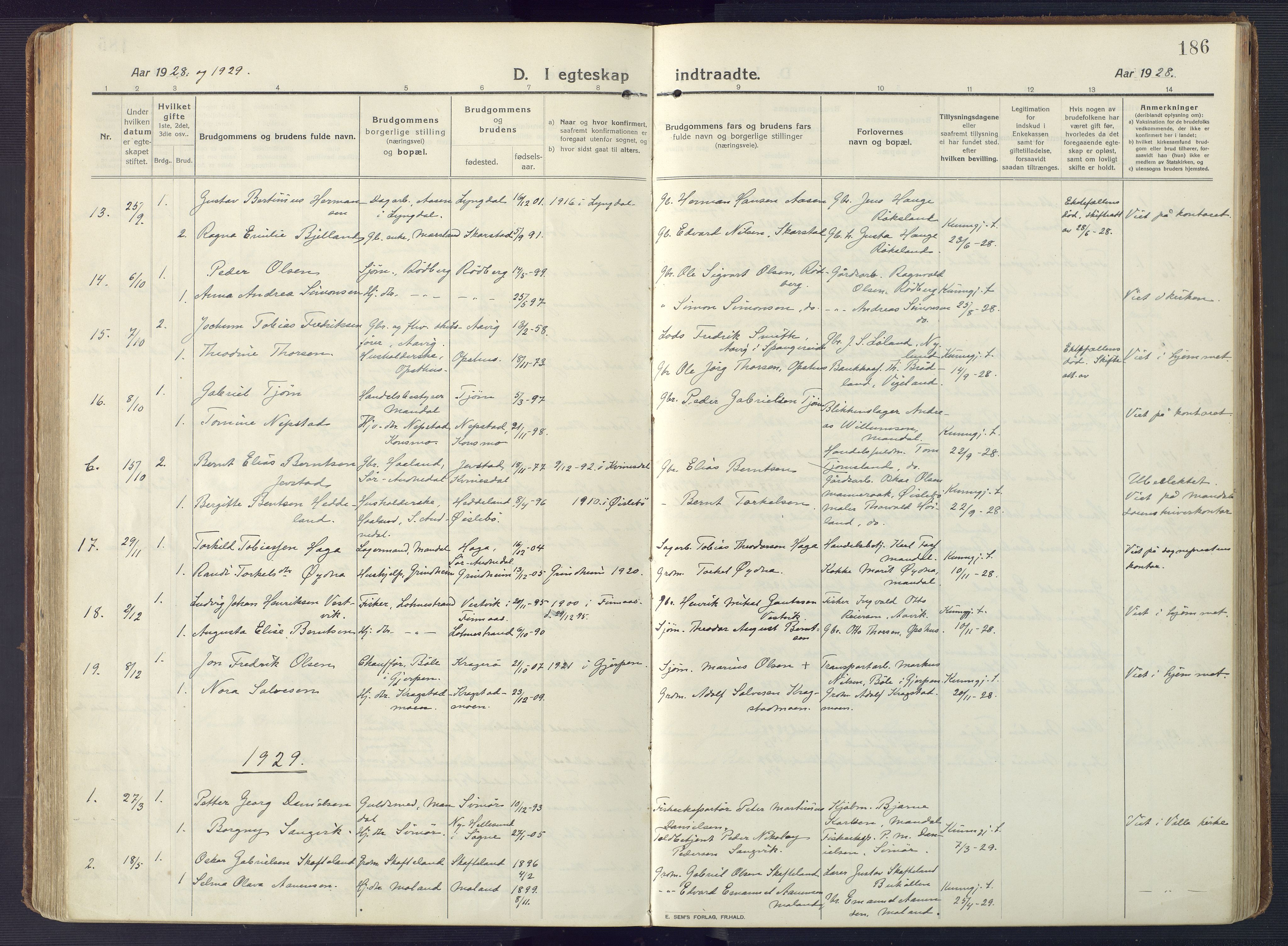 Sør-Audnedal sokneprestkontor, AV/SAK-1111-0039/F/Fa/Fab/L0011: Ministerialbok nr. A 11, 1912-1938, s. 186