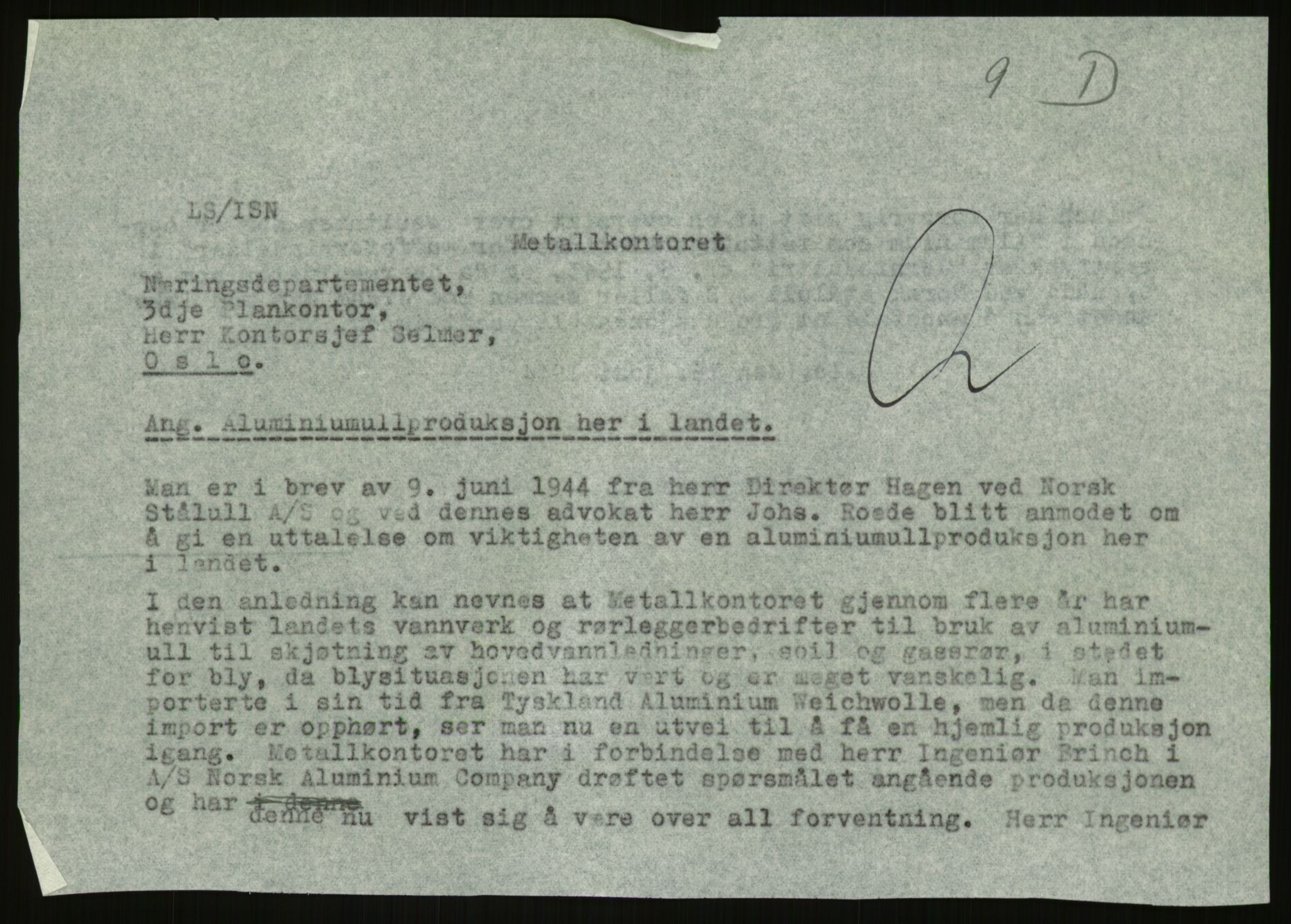 Direktoratet for industriforsyning, Sekretariatet, AV/RA-S-4153/D/Df/L0054: 9. Metallkontoret, 1940-1945, s. 405