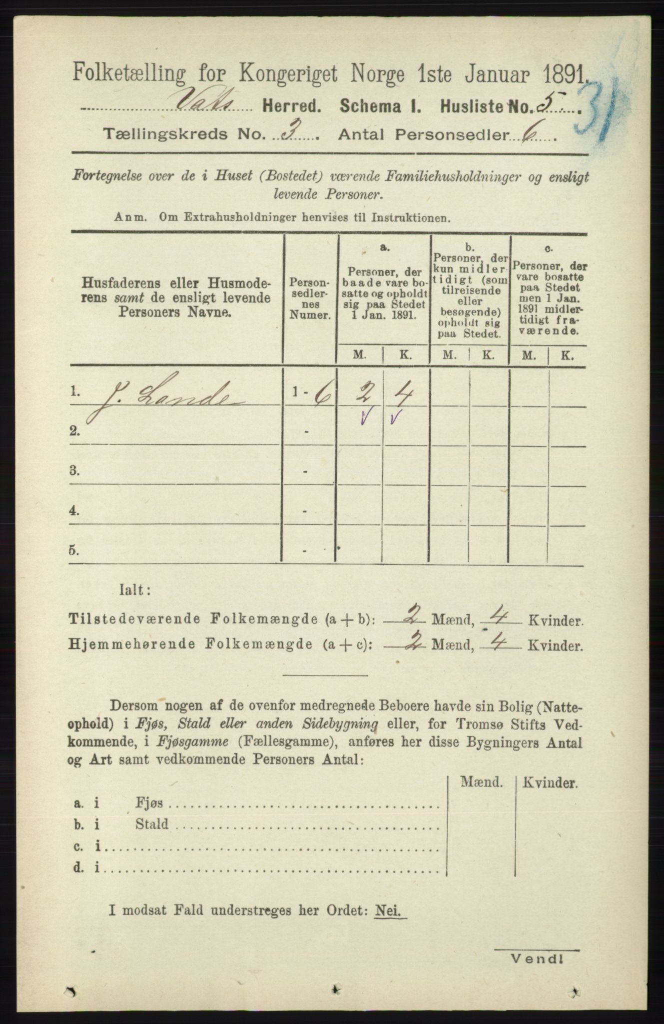 RA, Folketelling 1891 for 1155 Vats herred, 1891, s. 424