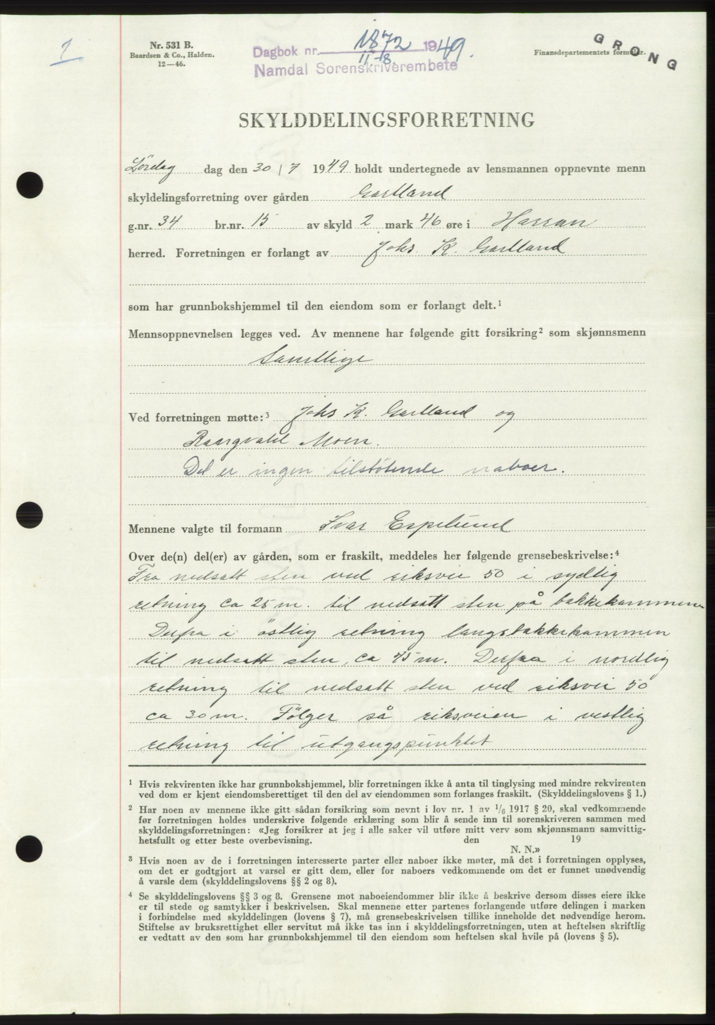 Namdal sorenskriveri, SAT/A-4133/1/2/2C: Pantebok nr. -, 1949-1949, Dagboknr: 1872/1949