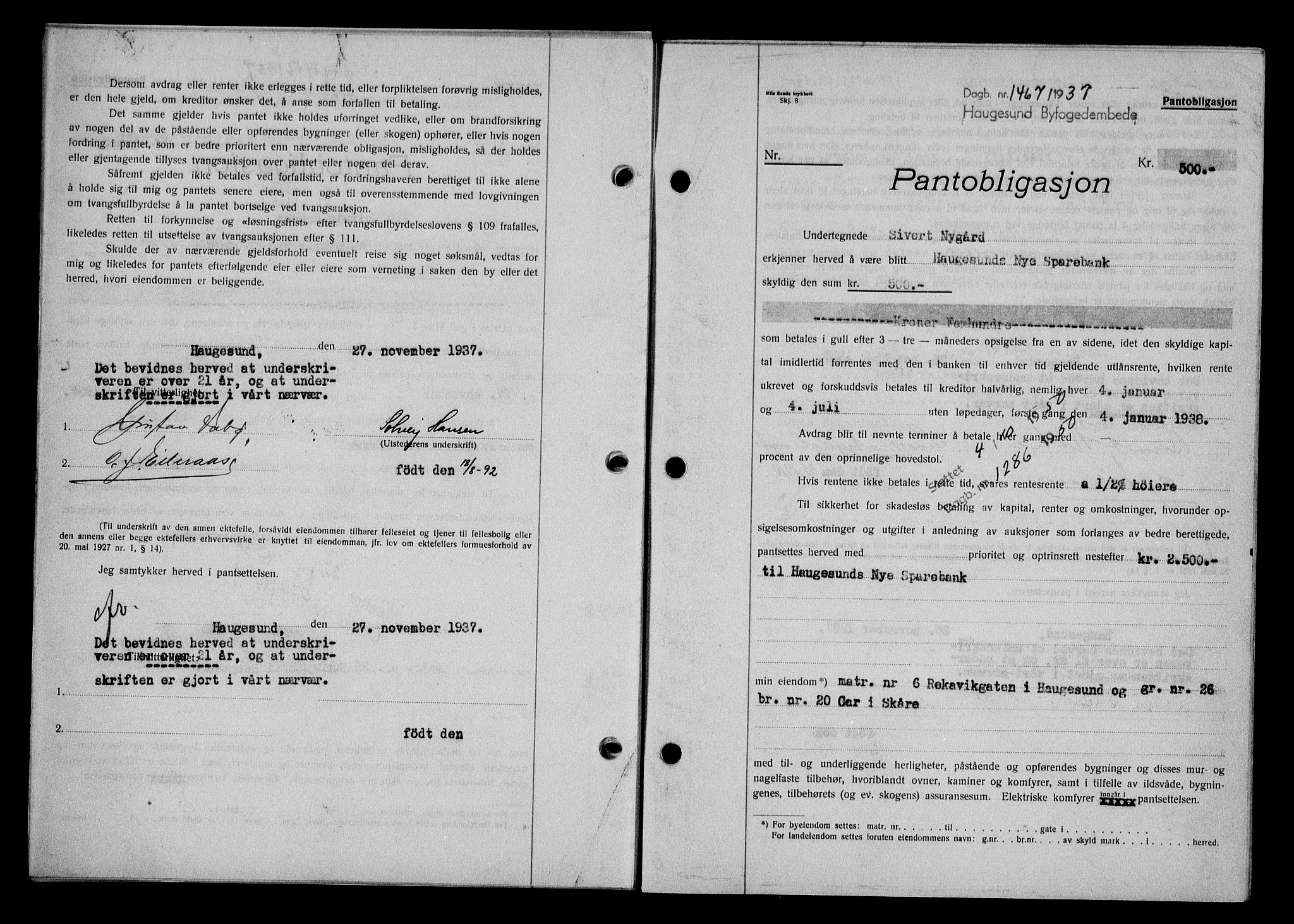 Haugesund tingrett, AV/SAST-A-101415/01/II/IIC/L0031: Pantebok nr. 31, 1936-1938, Dagboknr: 1467/1937