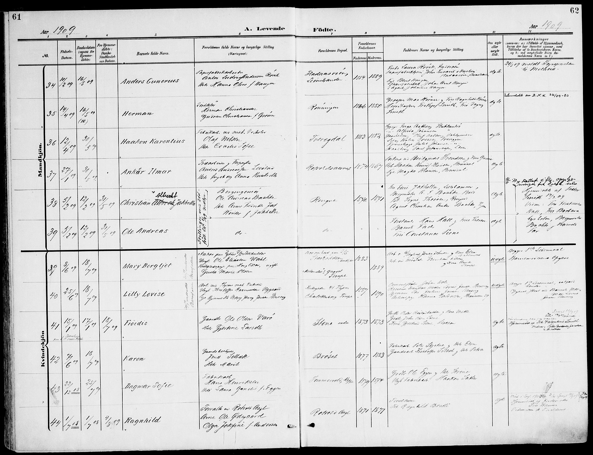 Ministerialprotokoller, klokkerbøker og fødselsregistre - Sør-Trøndelag, SAT/A-1456/607/L0320: Ministerialbok nr. 607A04, 1907-1915, s. 61-62