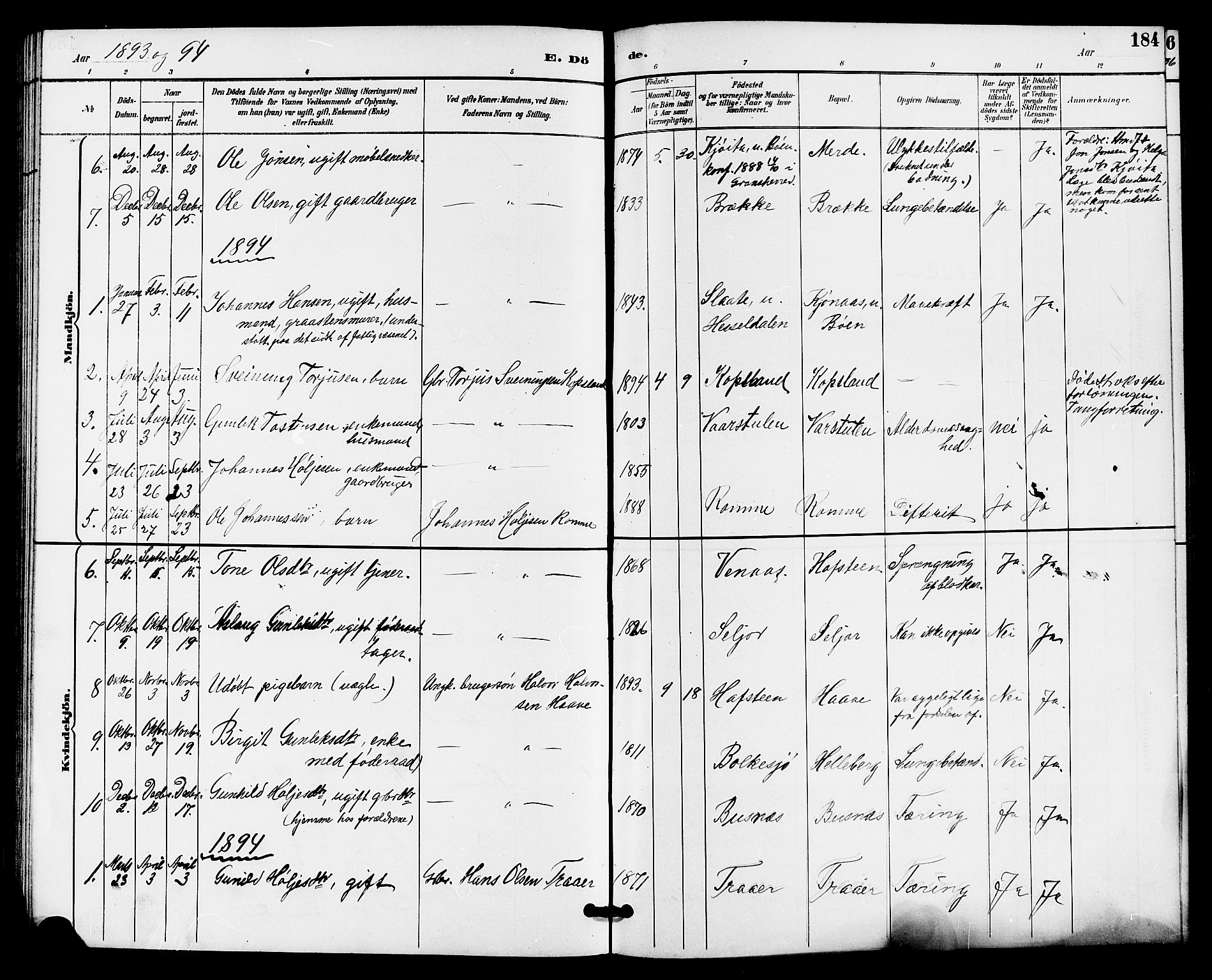 Gransherad kirkebøker, AV/SAKO-A-267/G/Ga/L0003: Klokkerbok nr. I 3, 1887-1915, s. 184