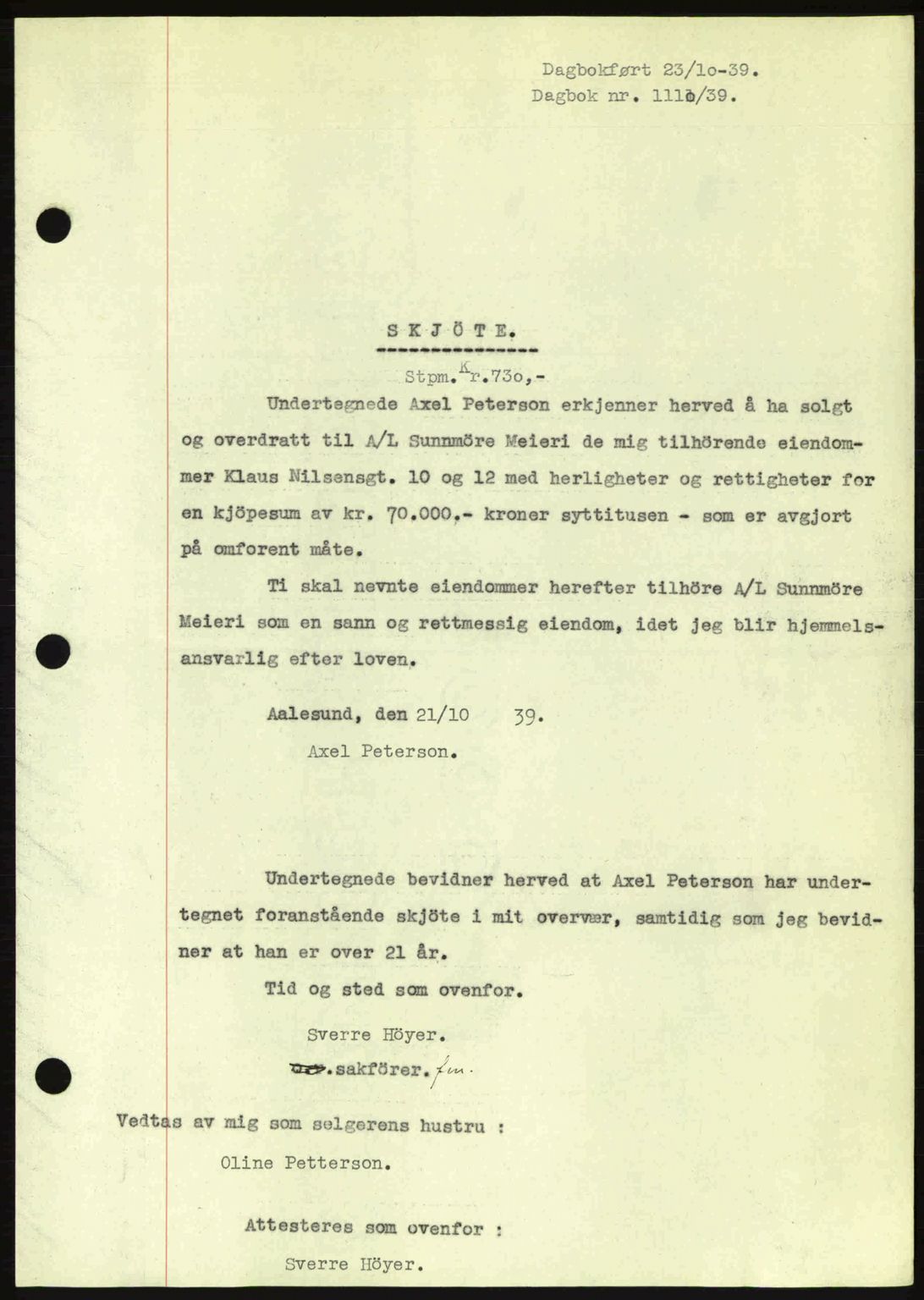Ålesund byfogd, AV/SAT-A-4384: Pantebok nr. 34 II, 1938-1940, Dagboknr: 1110/1939