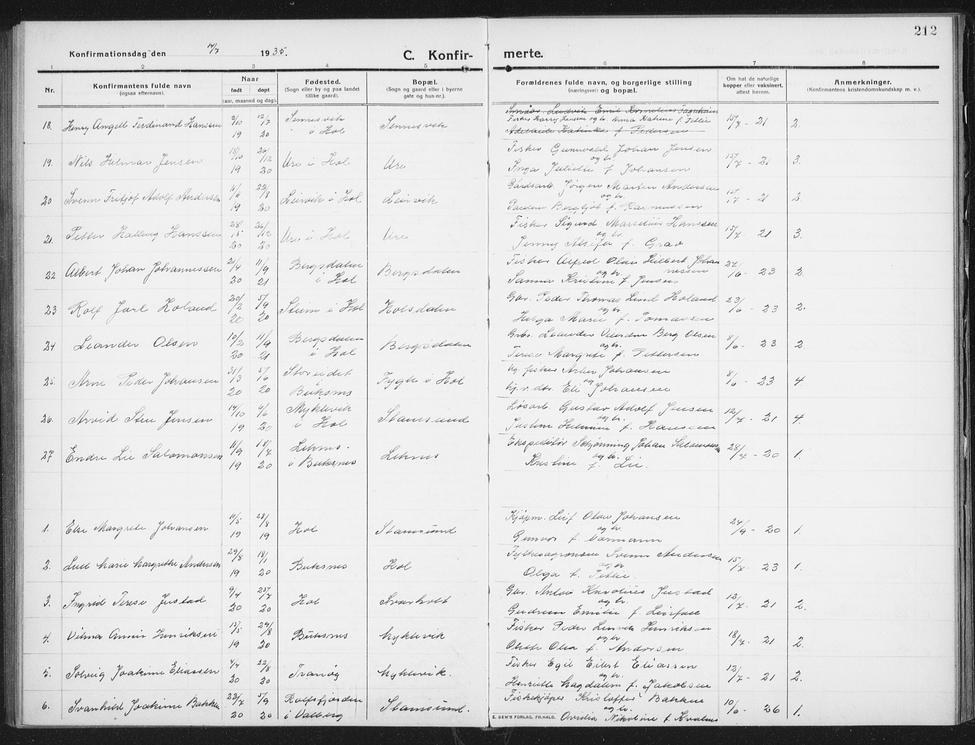 Ministerialprotokoller, klokkerbøker og fødselsregistre - Nordland, AV/SAT-A-1459/882/L1183: Klokkerbok nr. 882C01, 1911-1938, s. 212