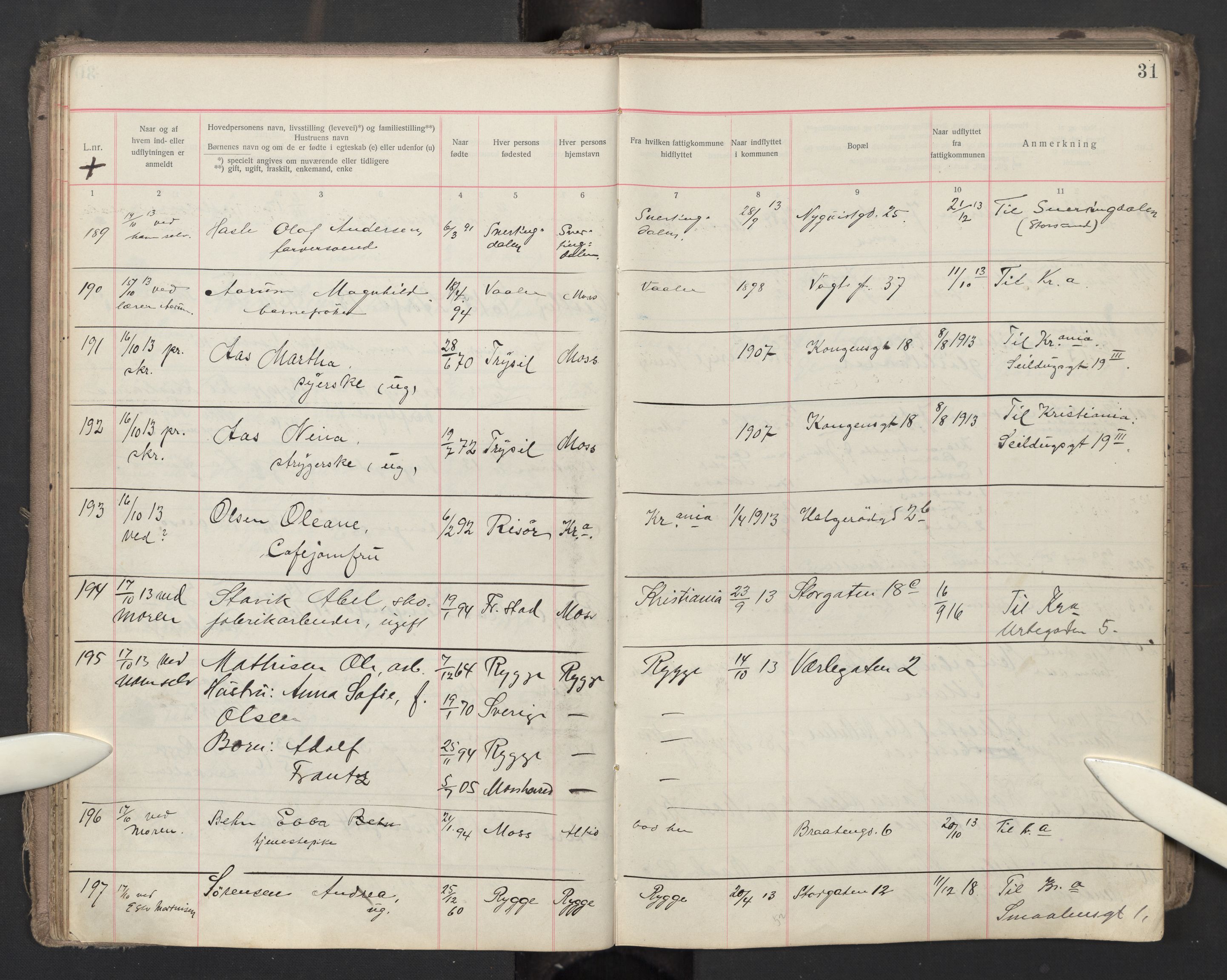 Moss folkeregister, AV/SAO-A-10020/J/L0003: Inn- og utflyttede i Moss fattigkommune, 1913-1917, s. 31