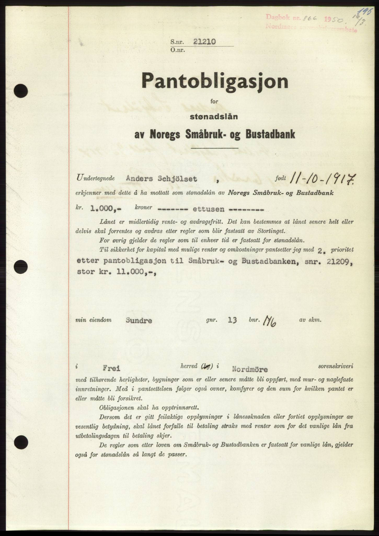 Nordmøre sorenskriveri, SAT/A-4132/1/2/2Ca: Pantebok nr. B104, 1950-1950, Dagboknr: 866/1950